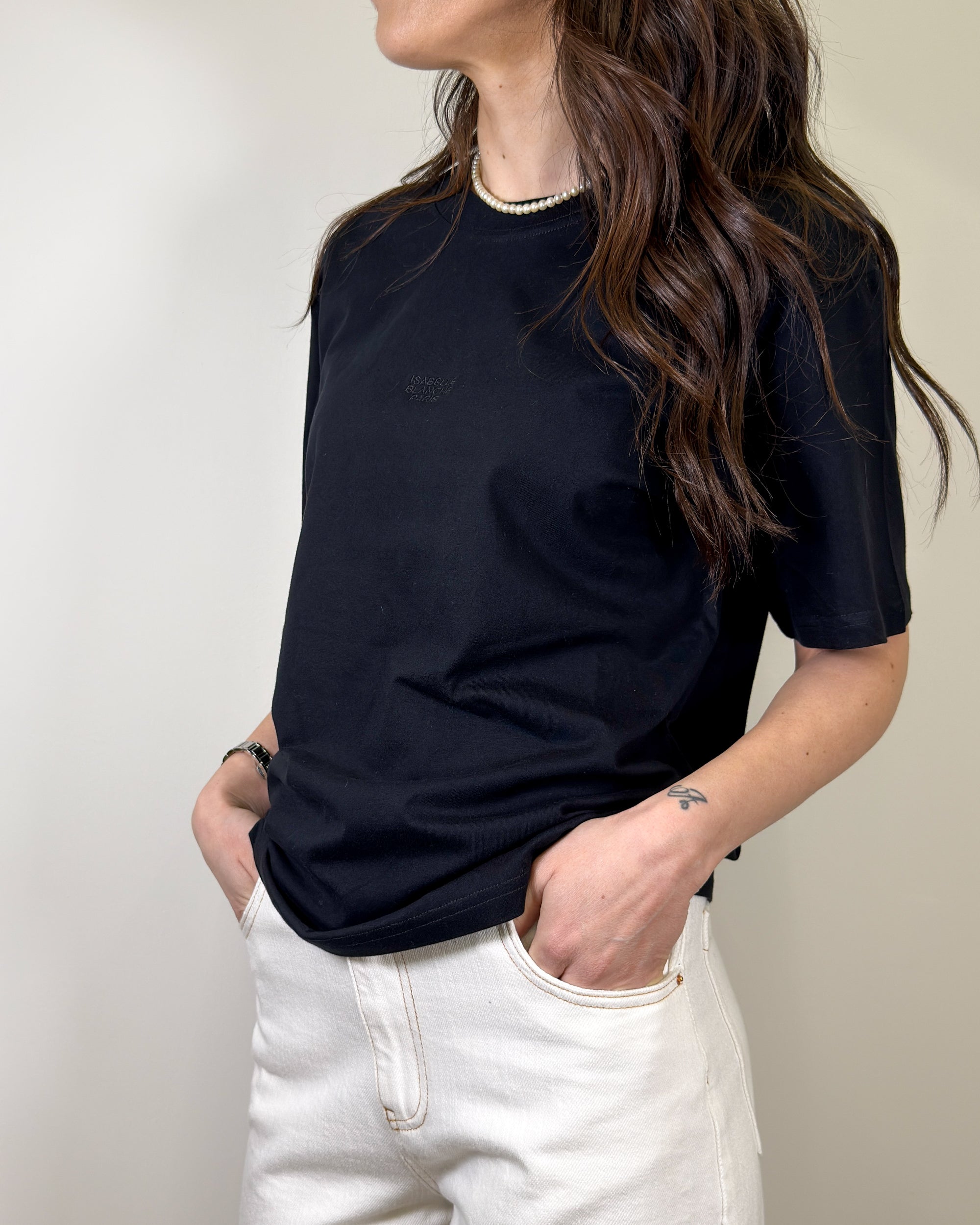 T-Shirt in Cotone con Logo Ricamato Tono su Tono - Nero