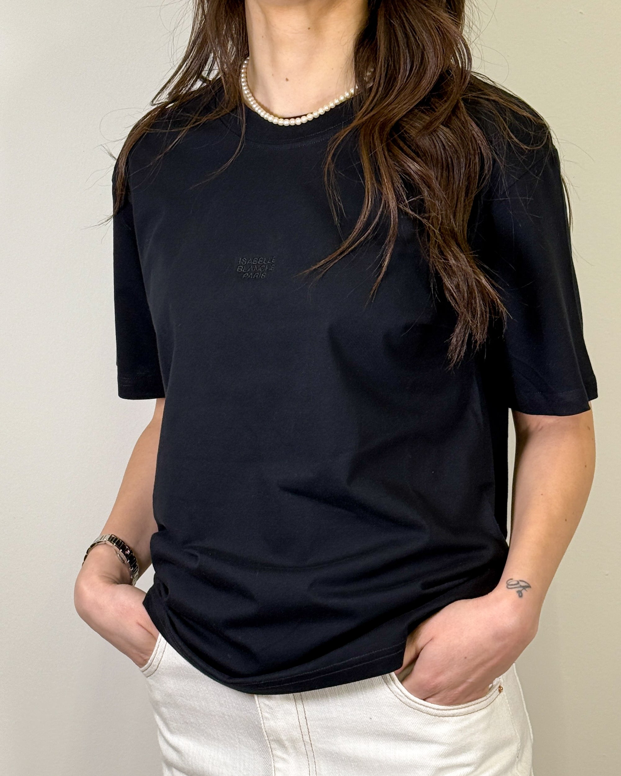 T-Shirt in Cotone con Logo Ricamato Tono su Tono - Nero