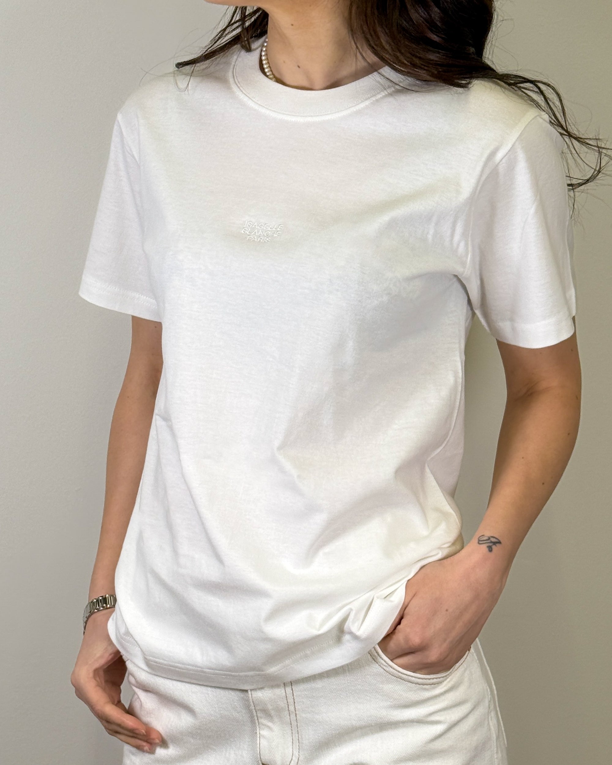 T-Shirt in Cotone con Logo Ricamato Tono su Tono - Bianco
