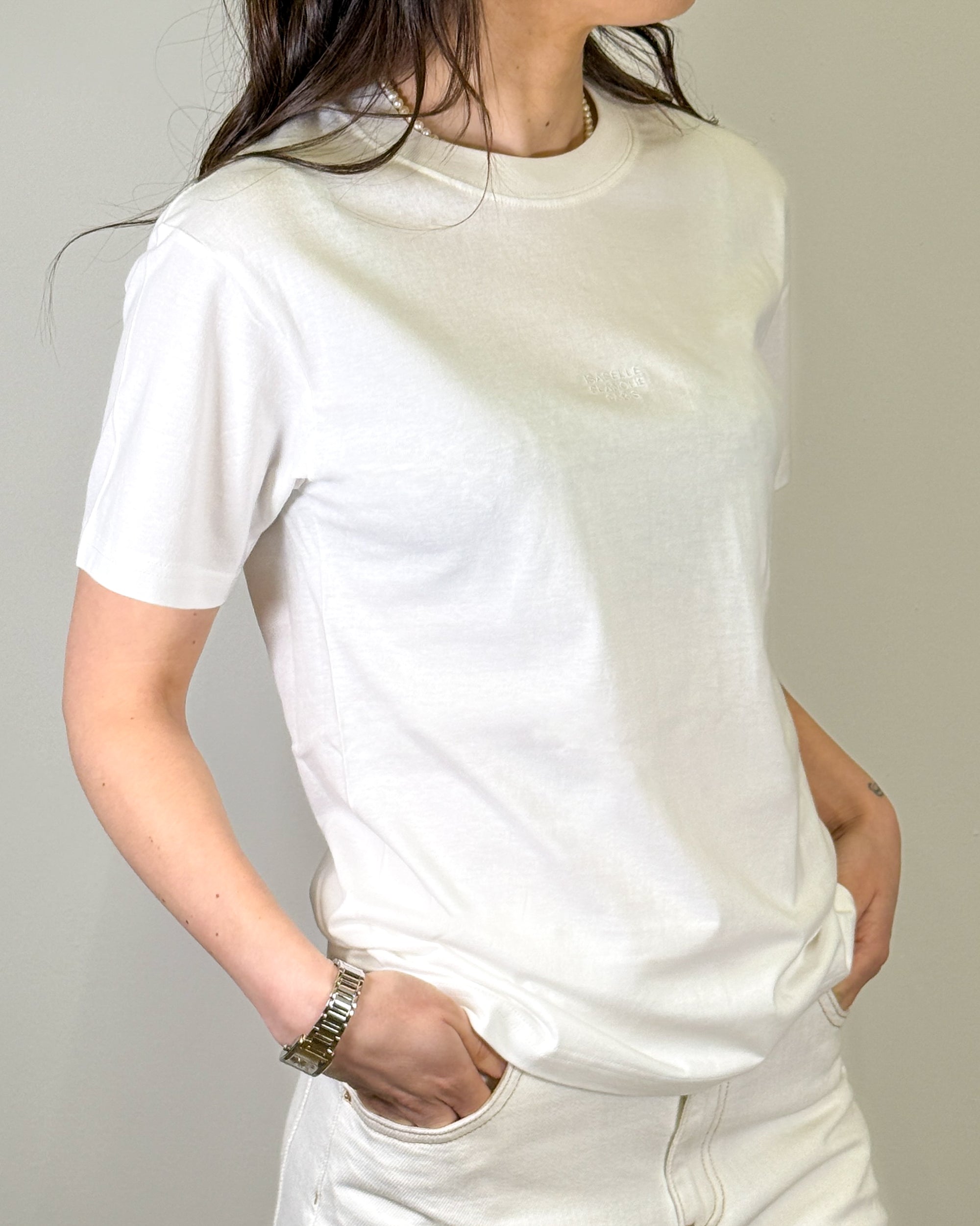 T-Shirt in Cotone con Logo Ricamato Tono su Tono - Bianco