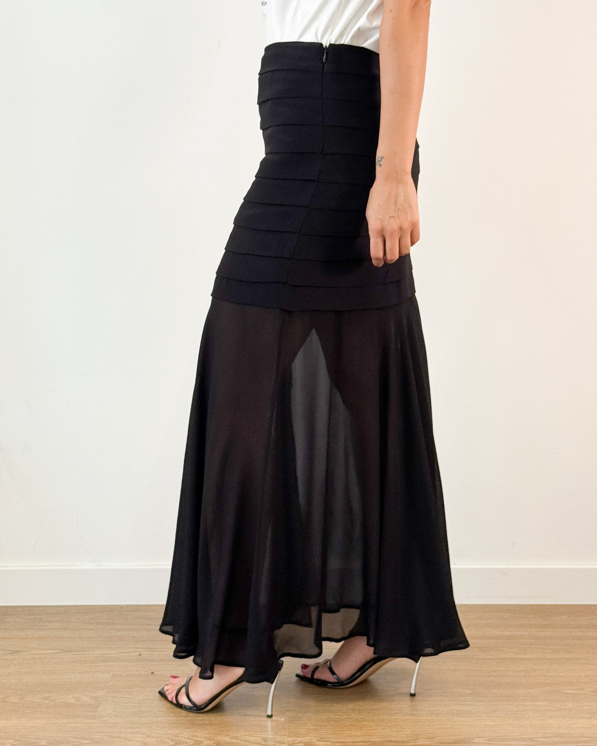 Gonna Lunga in Viscosa a Fasce con Spacco - Nero | ISABELLE BLANCHE PARIS