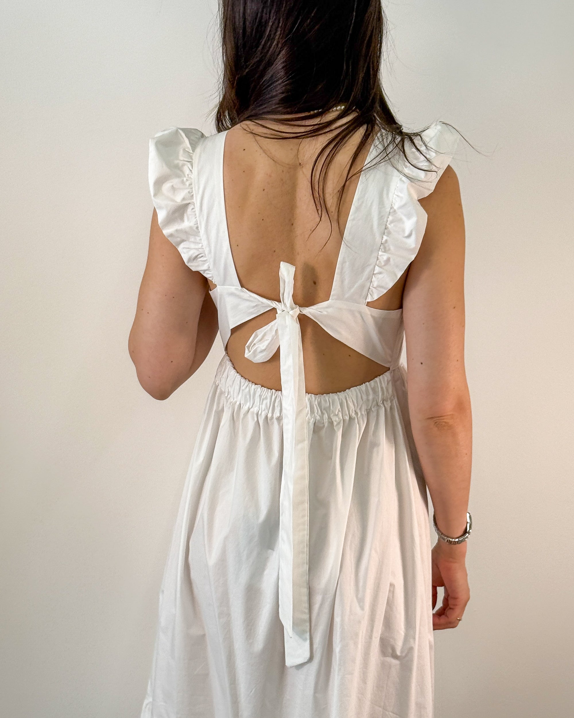 Abito Lungo in Cotone con Rouches e Schiena Aperta - Bianco