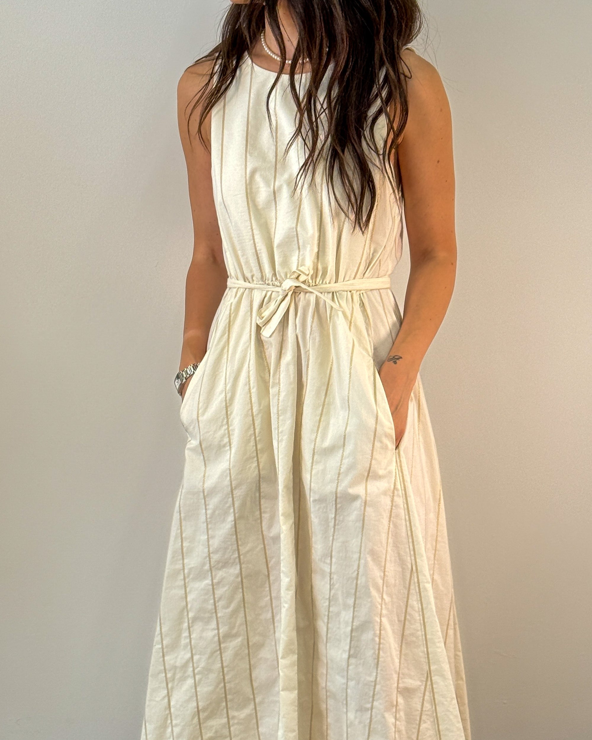 Abito Midi in Cotone con Righe Lurex Oro e Cintura - Panna | ISABELLE BLANCHE