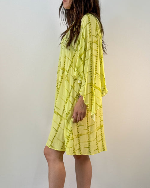 Abito Corto in Chiffon Stampato con Maniche a Kimono - Lime
