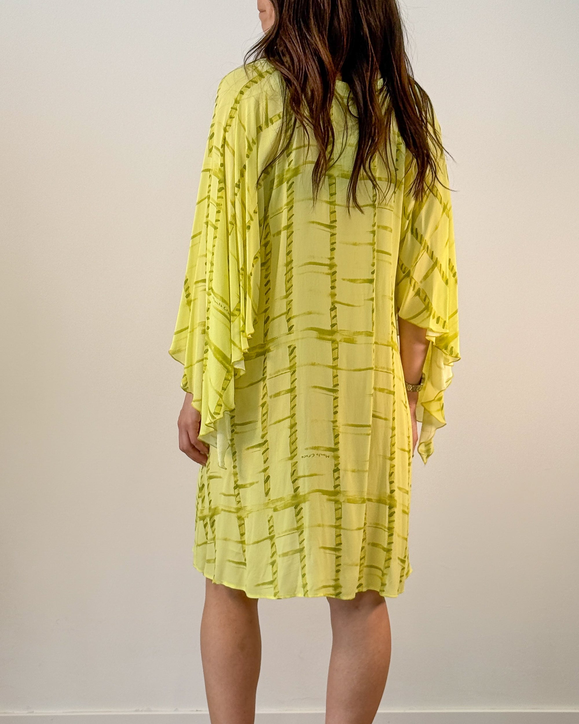 Abito Corto in Chiffon Stampato con Maniche a Kimono - Lime