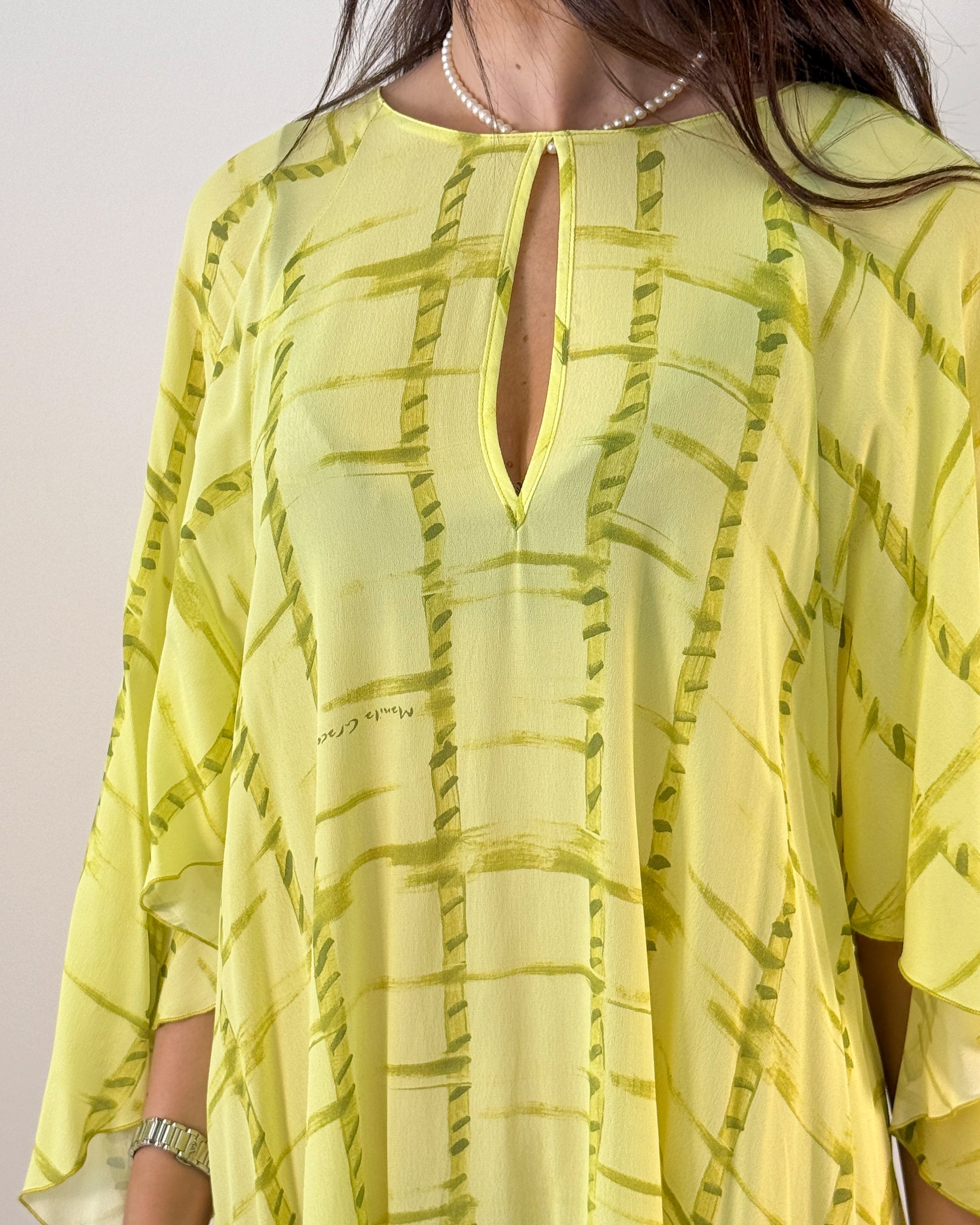 Abito Corto in Chiffon Stampato con Maniche a Kimono - Lime