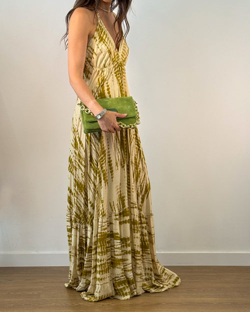 Abito Lungo Tie-Dye Scollo a V e Schiena Nuda - Verde Olio