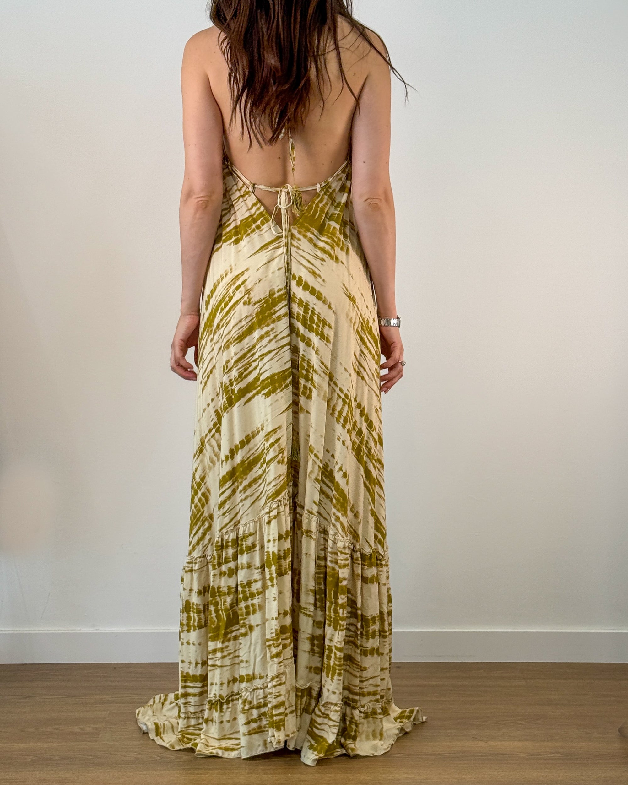 Abito Lungo Tie-Dye Scollo a V e Schiena Nuda - Verde Olio