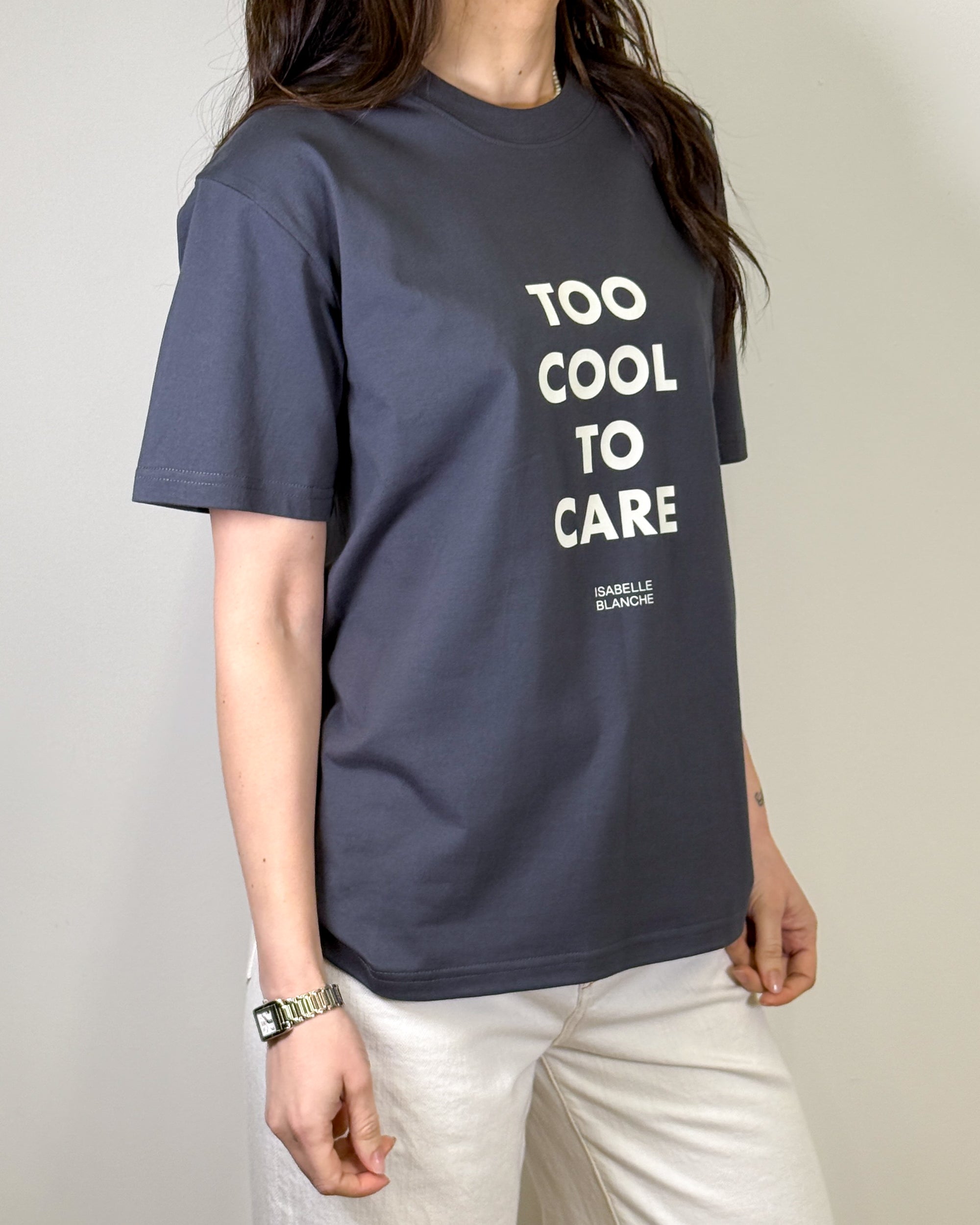 T-Shirt in Cotone con Stampa "Too Cool To Care" - Grigio Antracite