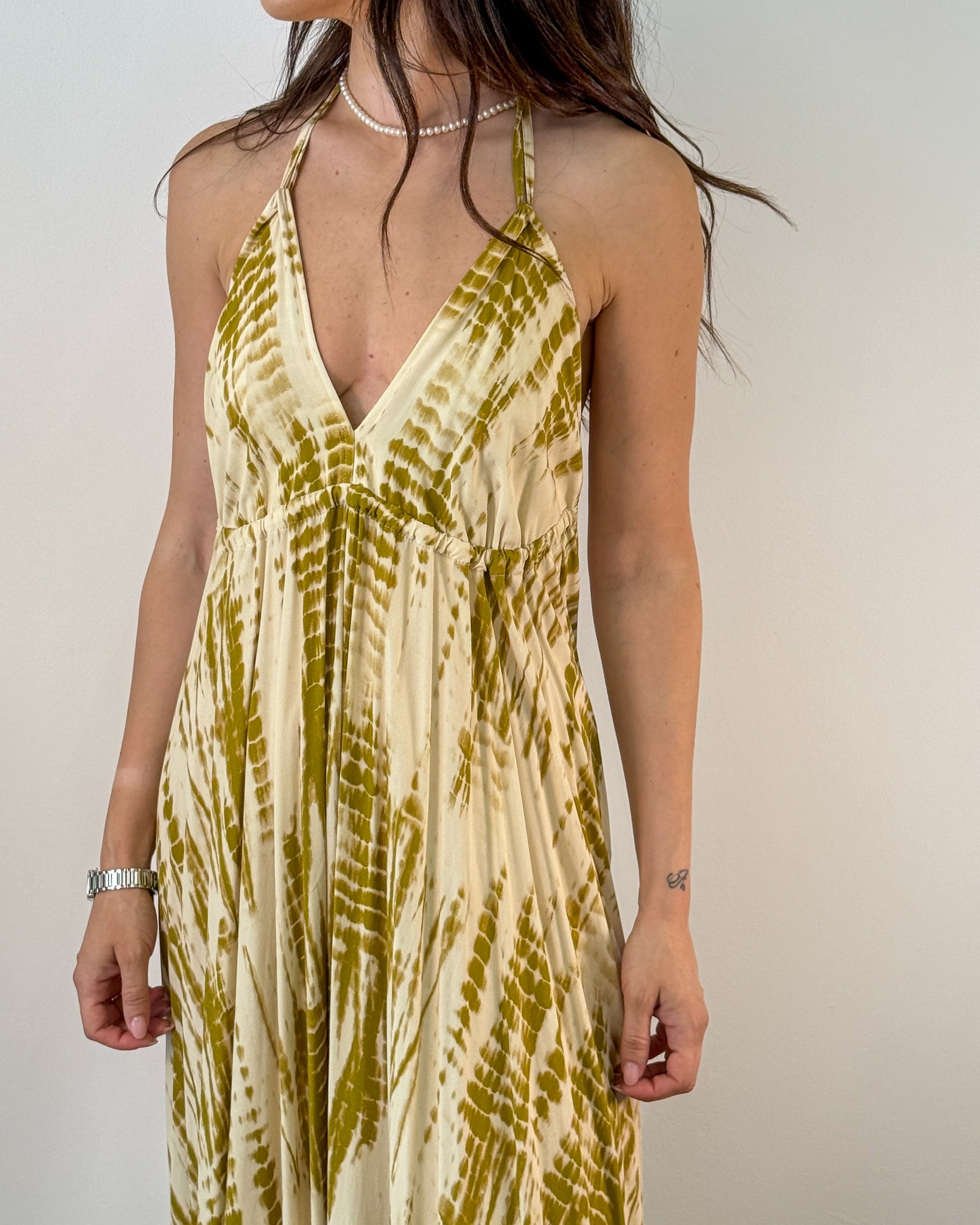 Abito Lungo Tie-Dye Scollo a V e Schiena Nuda - Verde Olio