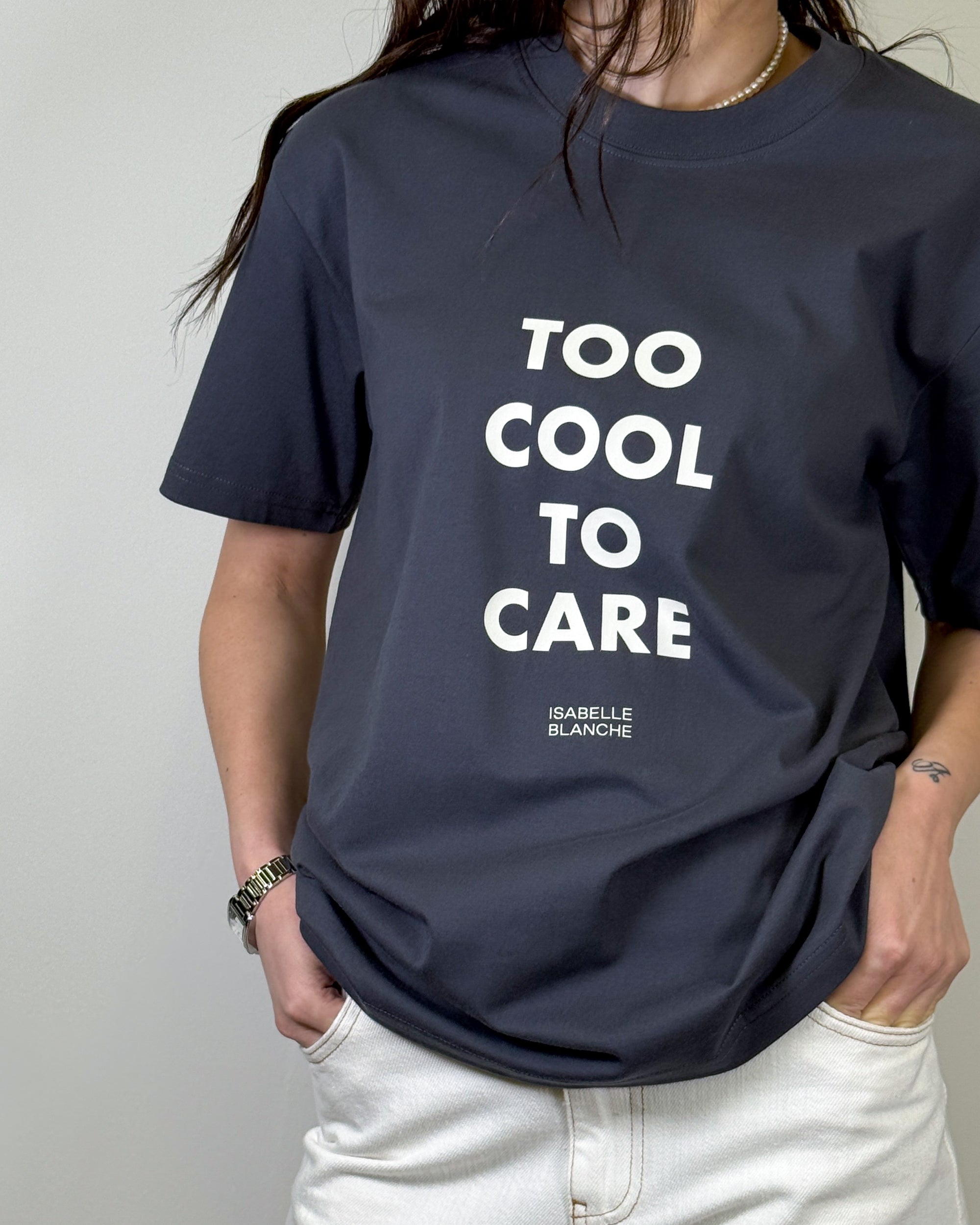 T-Shirt in Cotone con Stampa "Too Cool To Care" - Grigio Antracite