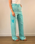 Jeans Palazzo a Vita Alta Lavaggio Acido con Ricamo - Verde Acqua | ISABELLE BLANCHE PARIS
