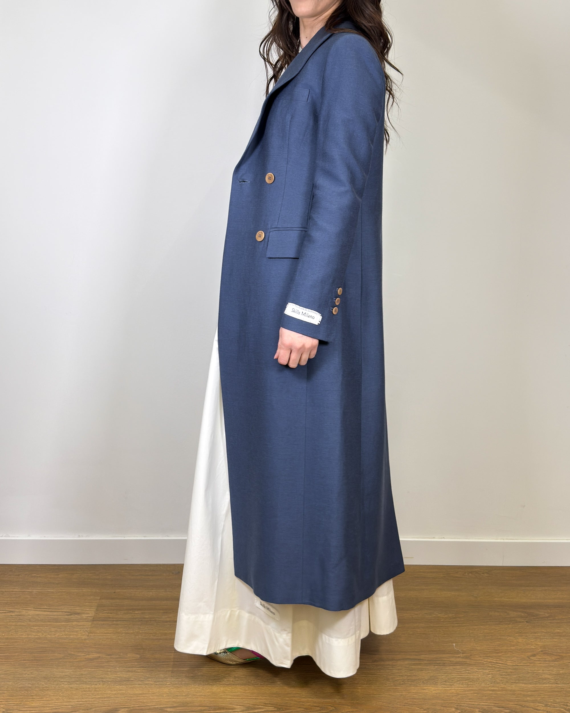 Trench Lungo Doppiopetto in Lino e Viscosa - Blu