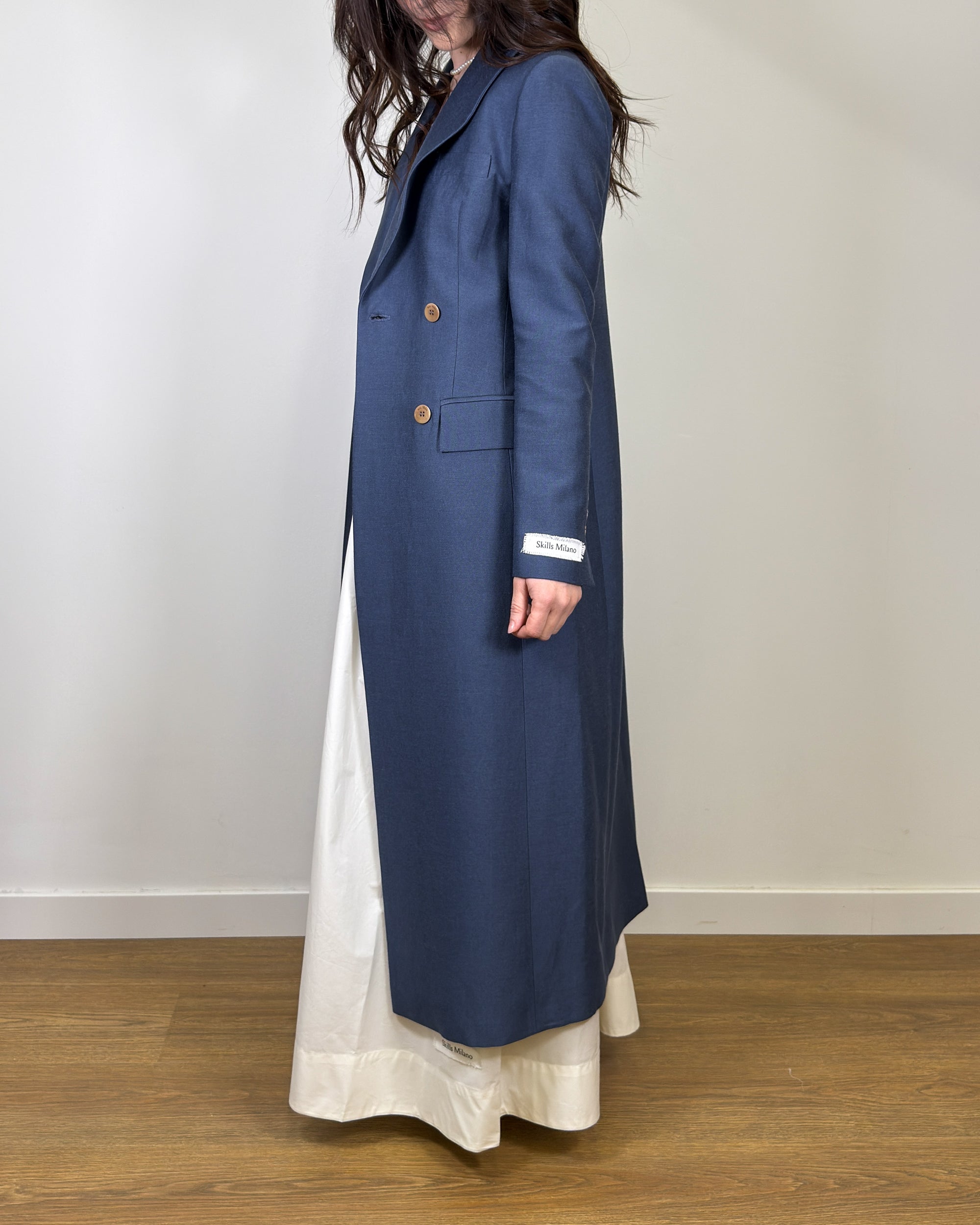 Trench Lungo Doppiopetto in Lino e Viscosa - Blu
