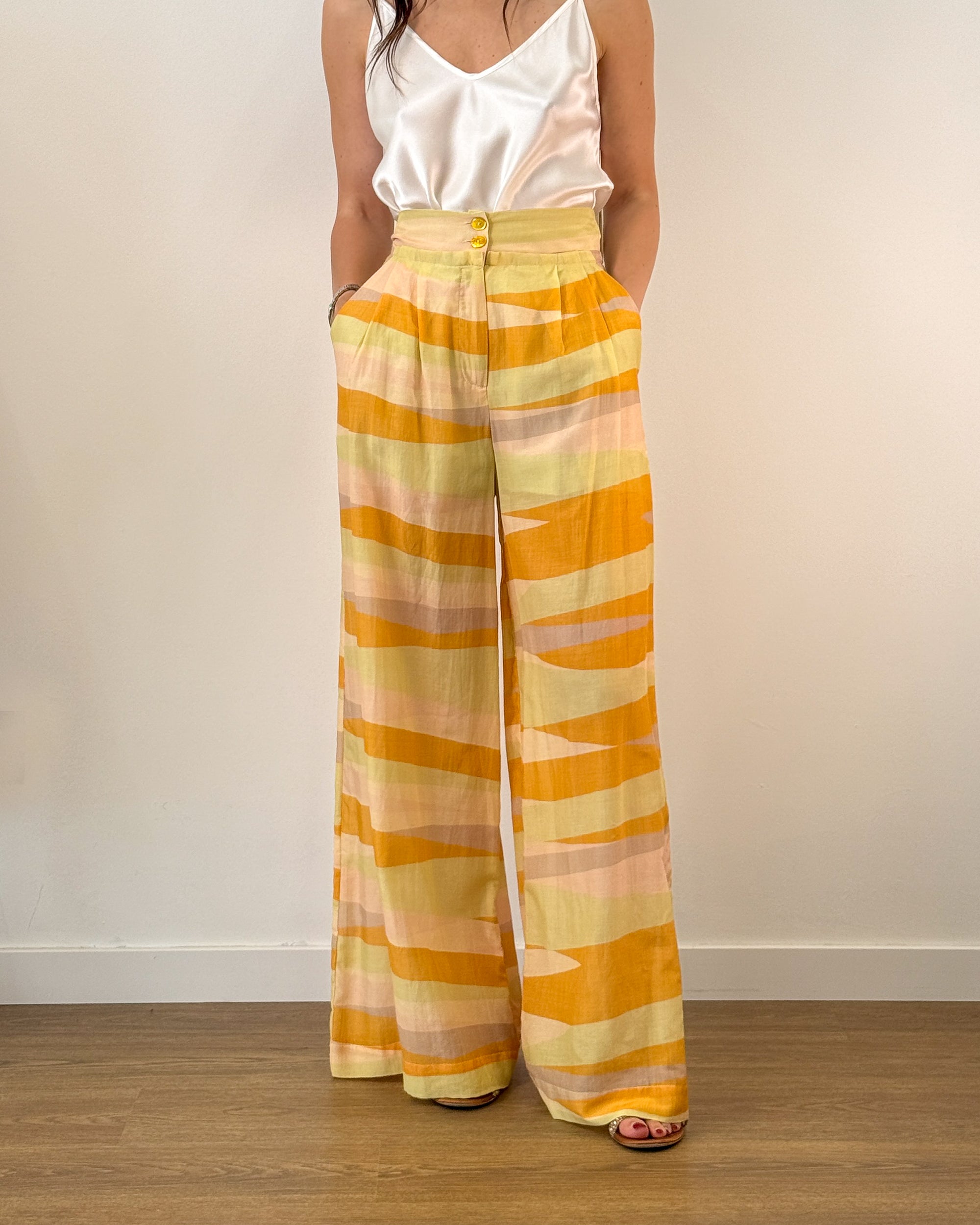 Pantaloni Palazzo a Vita Alta Stampa - Giallo Ocra