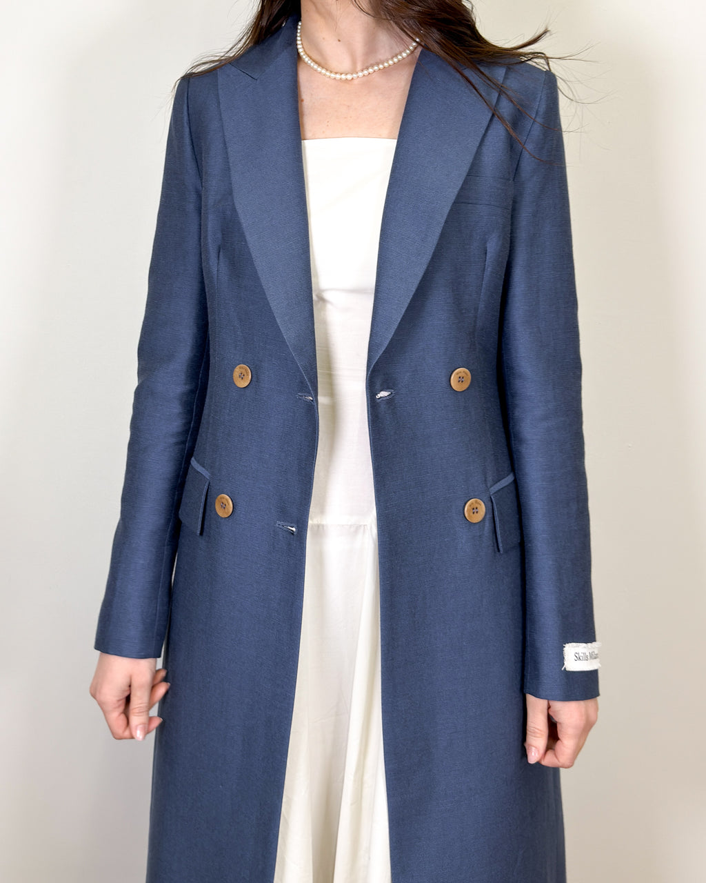 Trench Lungo Doppiopetto in Lino e Viscosa - Blu
