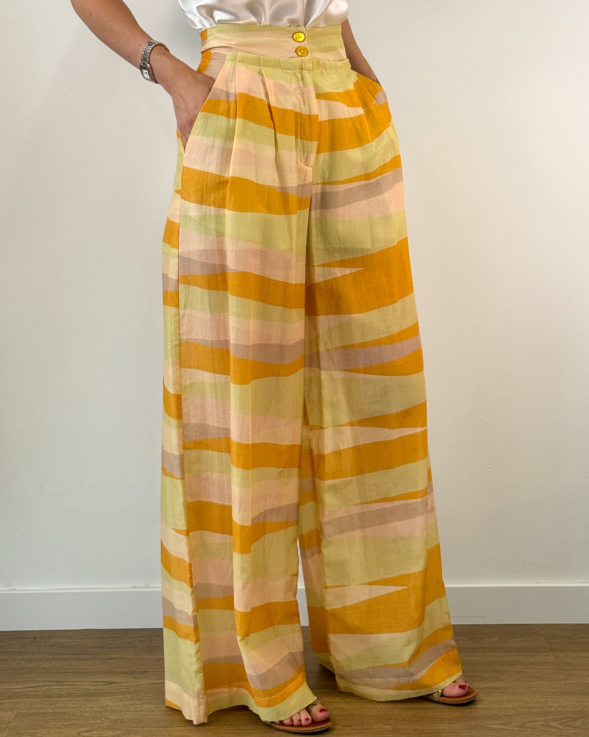 Pantaloni Palazzo a Vita Alta Stampa - Giallo Ocra