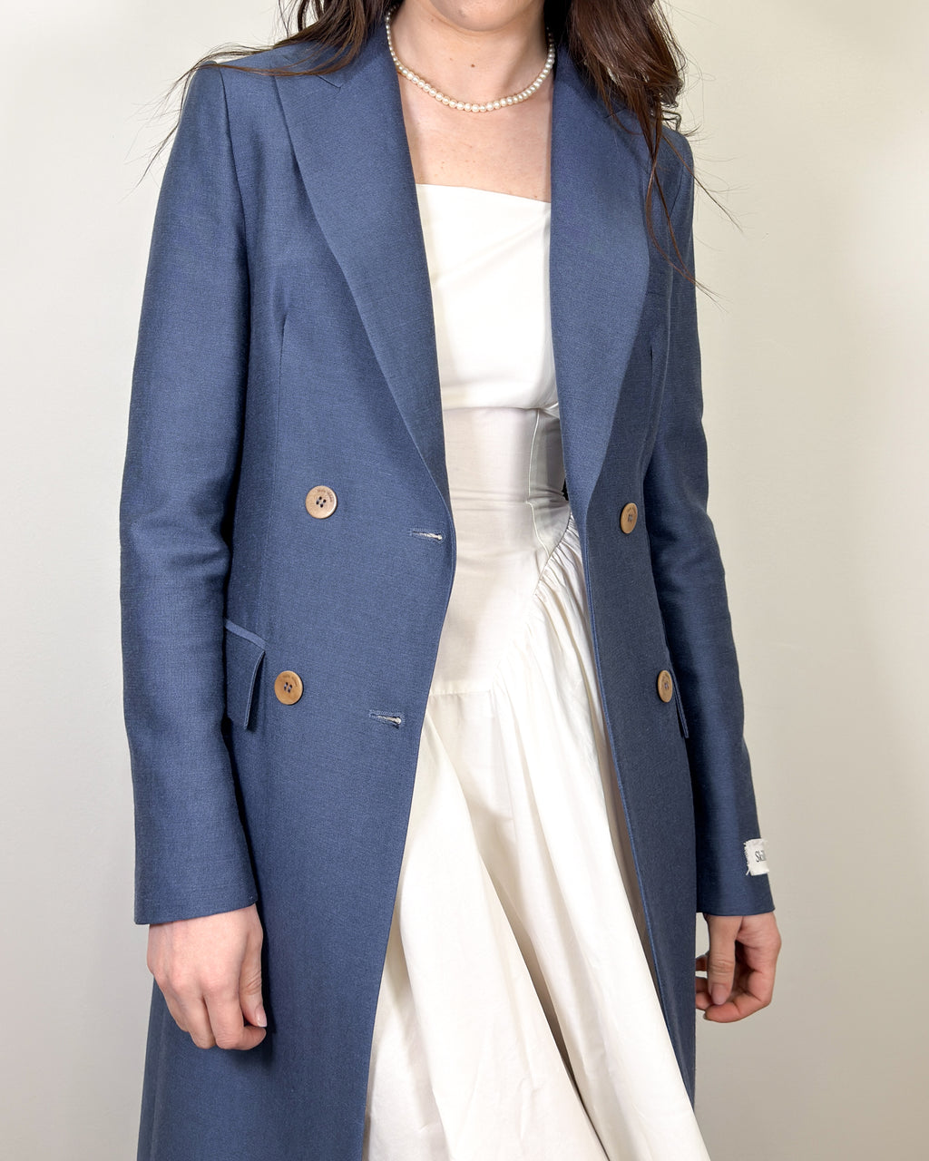 Trench Lungo Doppiopetto in Lino e Viscosa - Blu