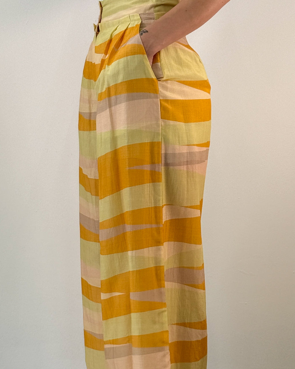 Pantaloni Palazzo a Vita Alta Stampa - Giallo Ocra