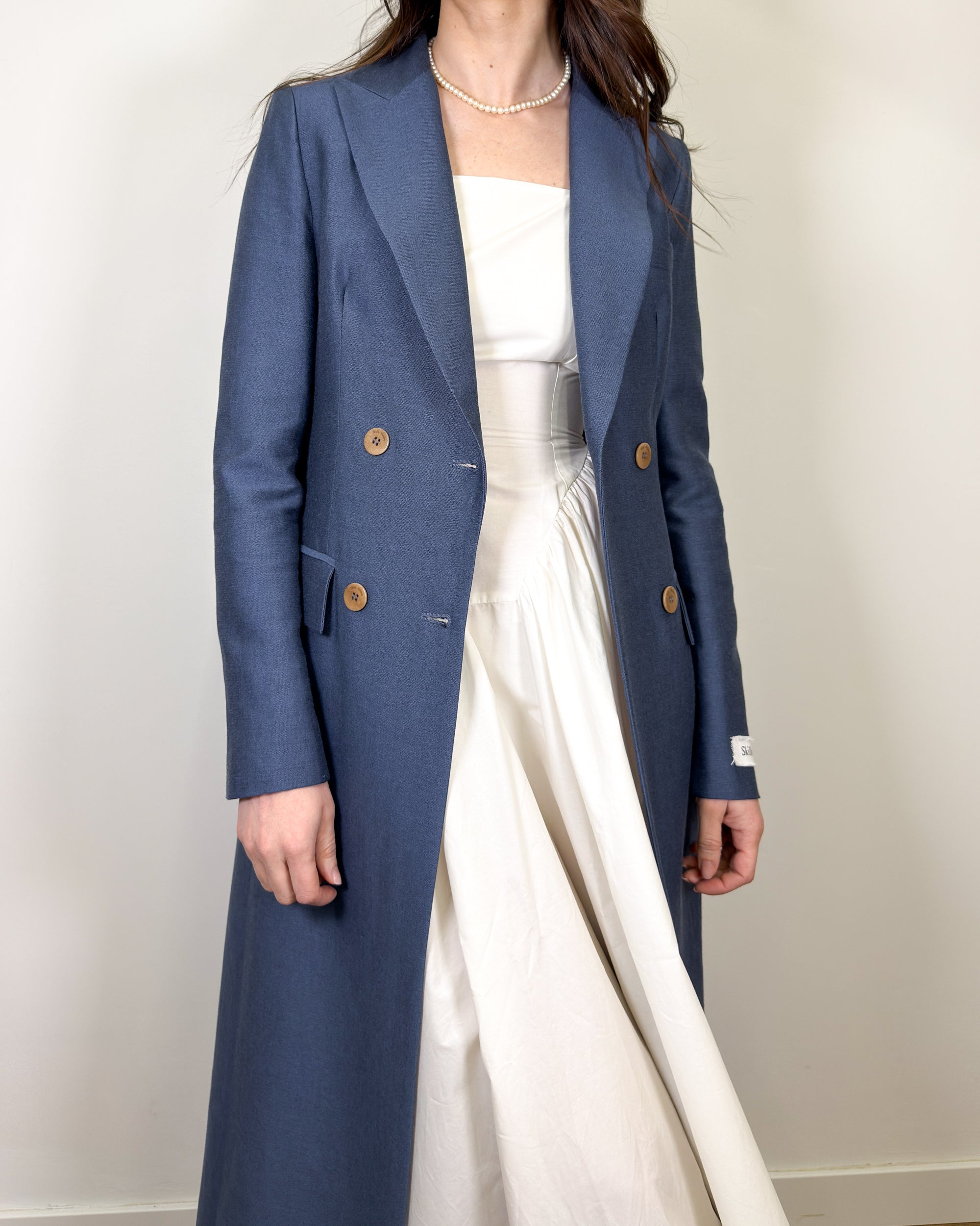 Trench Lungo Doppiopetto in Lino e Viscosa - Blu