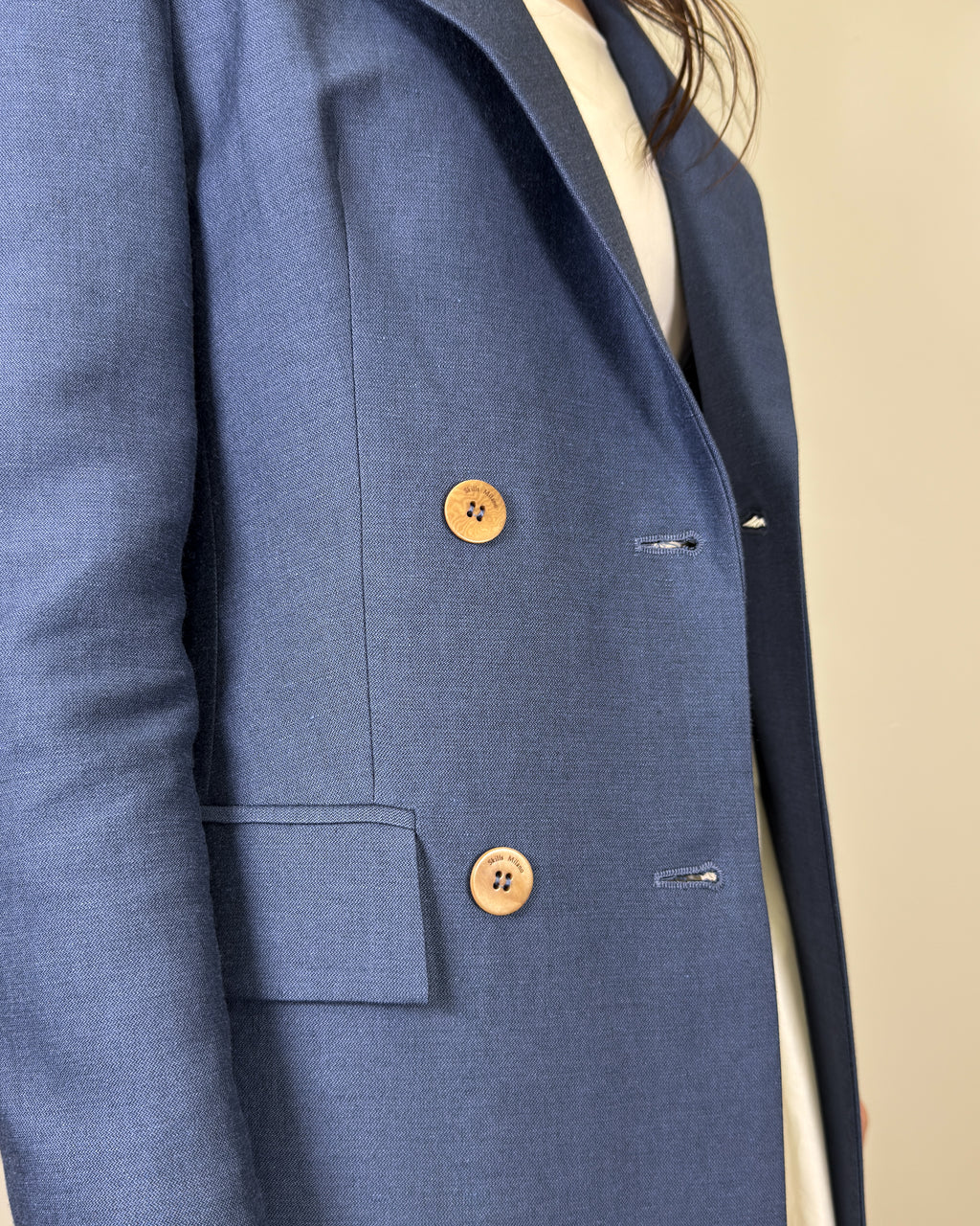 Trench Lungo Doppiopetto in Lino e Viscosa - Blu