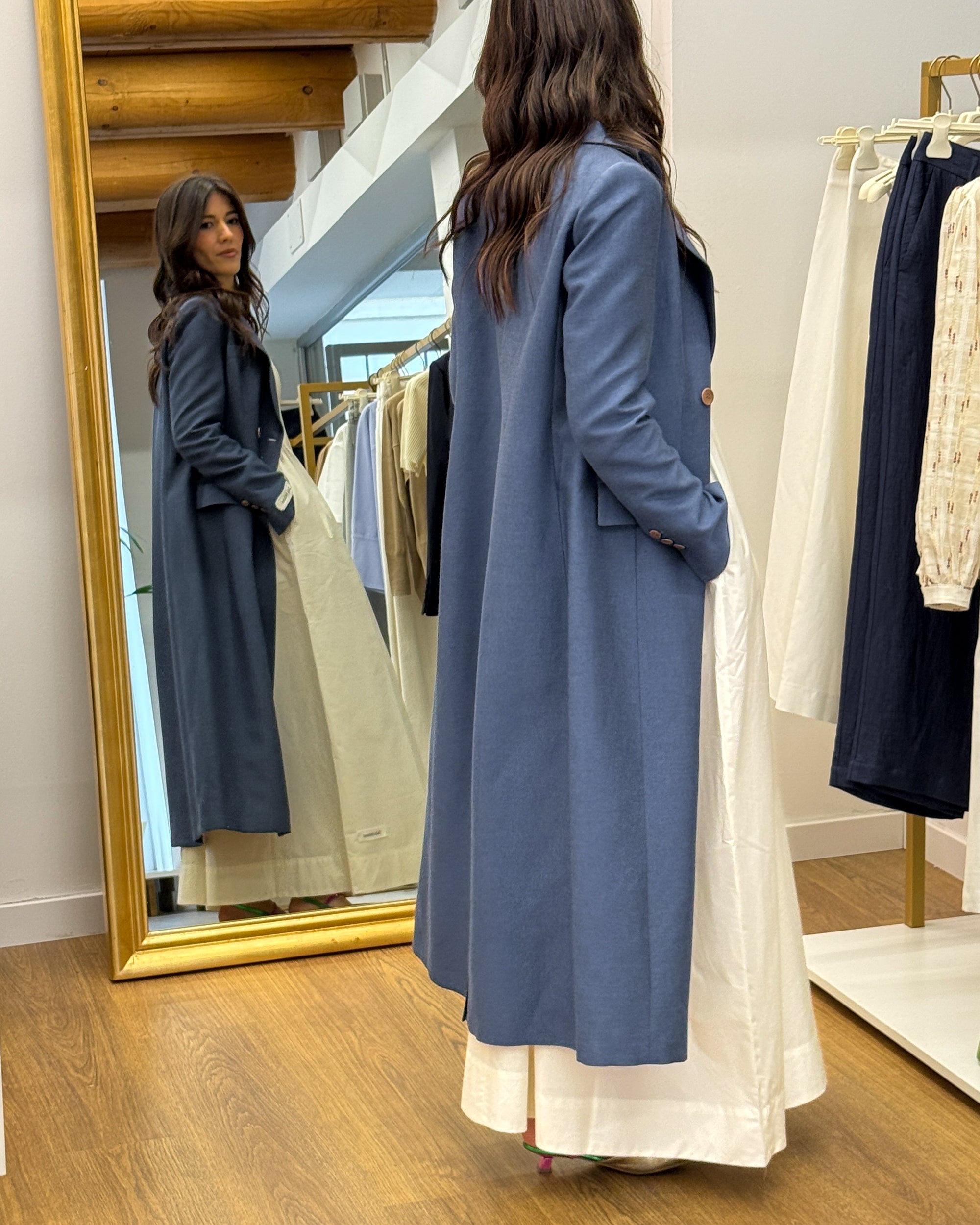 Trench Lungo Doppiopetto in Lino e Viscosa - Blu