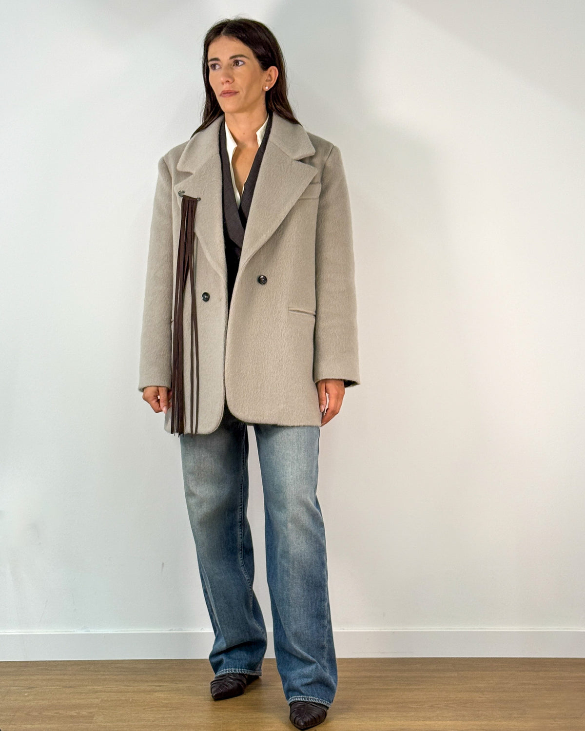 Giaccone Doppiopetto in Lana e Mohair con Frange - Fog