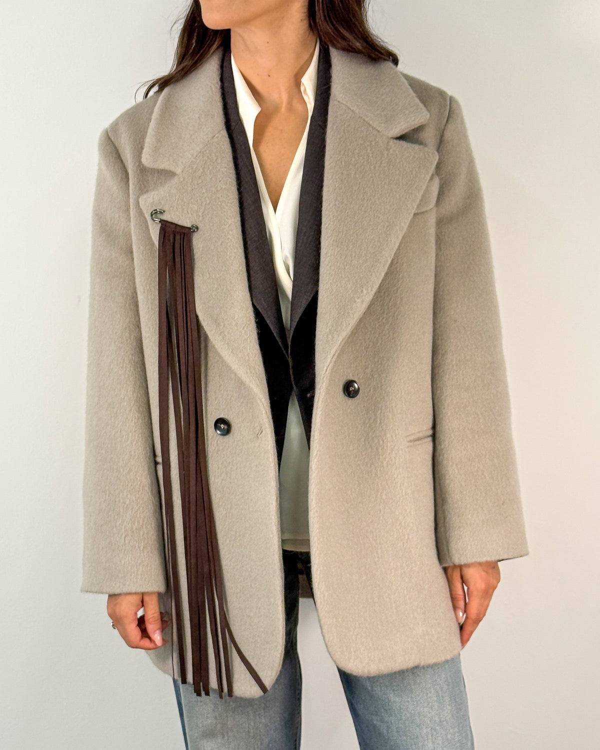 Giaccone Doppiopetto in Lana e Mohair con Frange - Fog