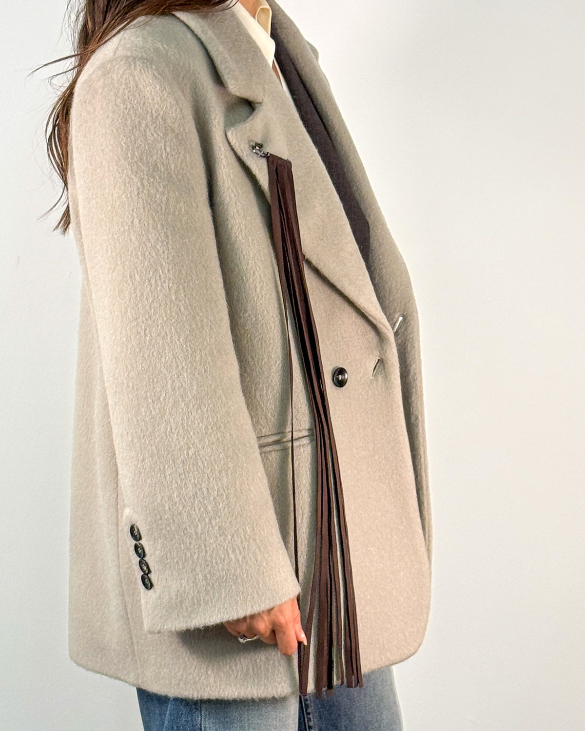 Giaccone Doppiopetto in Lana e Mohair con Frange - Fog