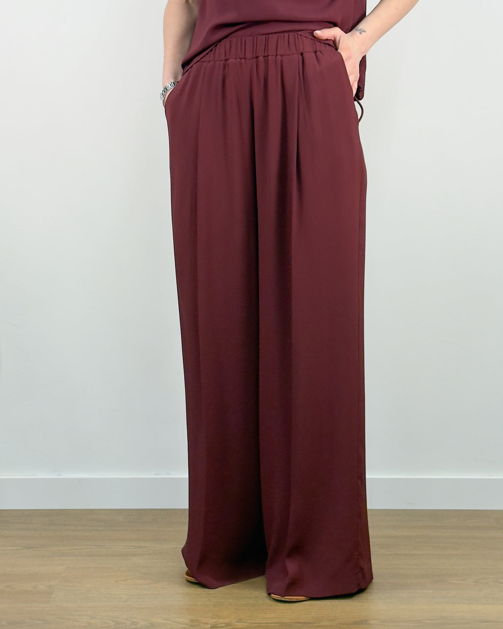 Pantalone Palazzo in Misto Seta con Elastico - Sangria