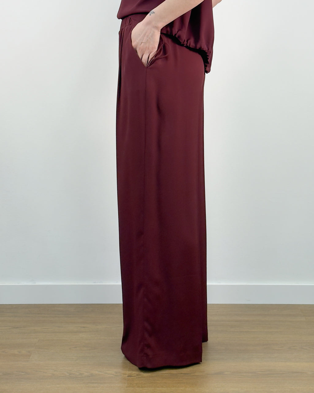 Pantalone Palazzo in Misto Seta con Elastico - Sangria