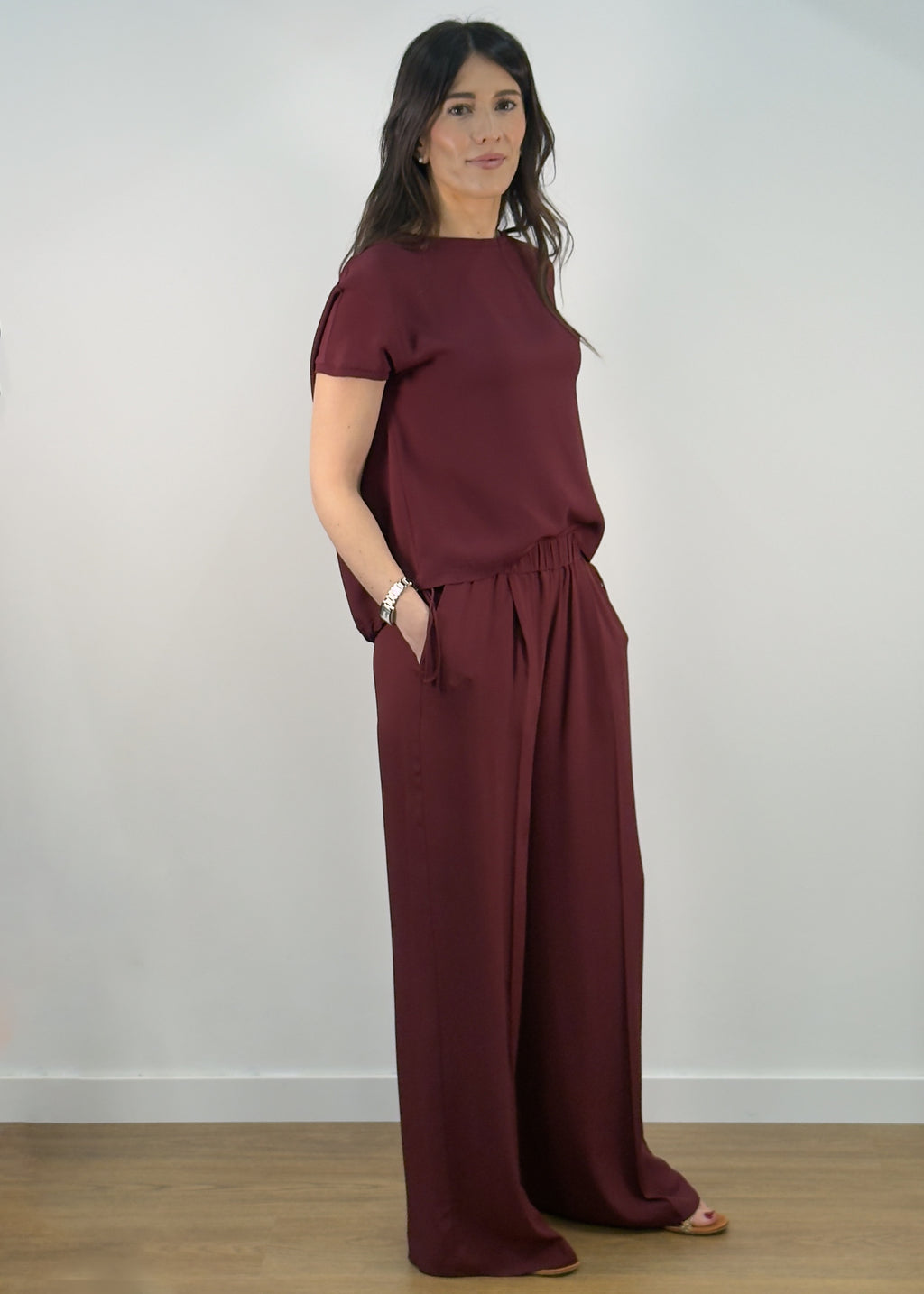 Pantalone Palazzo in Misto Seta con Elastico - Sangria
