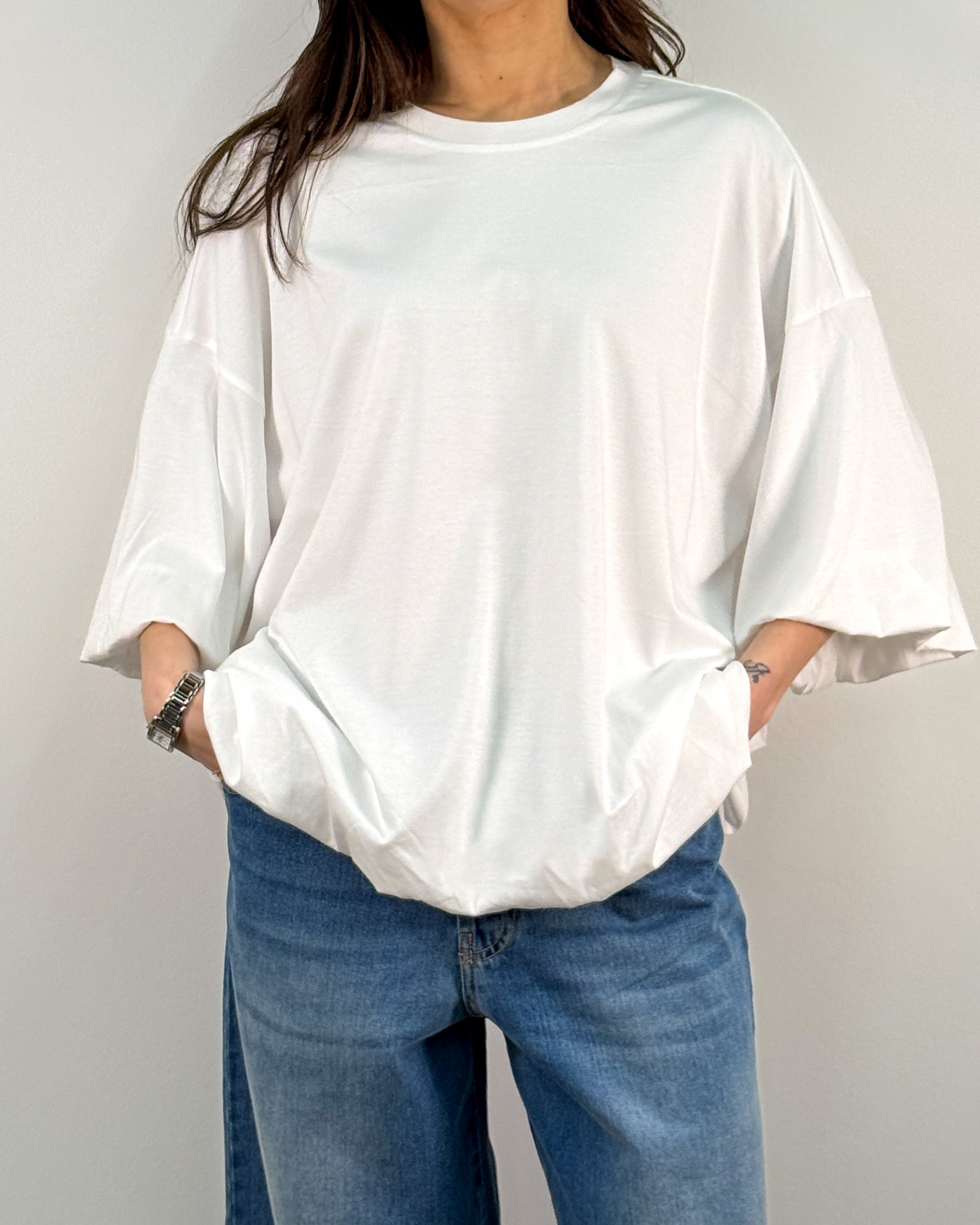 T-Shirt Oversize con fondo e maniche a Palloncino in Misto Tencel - Bianco