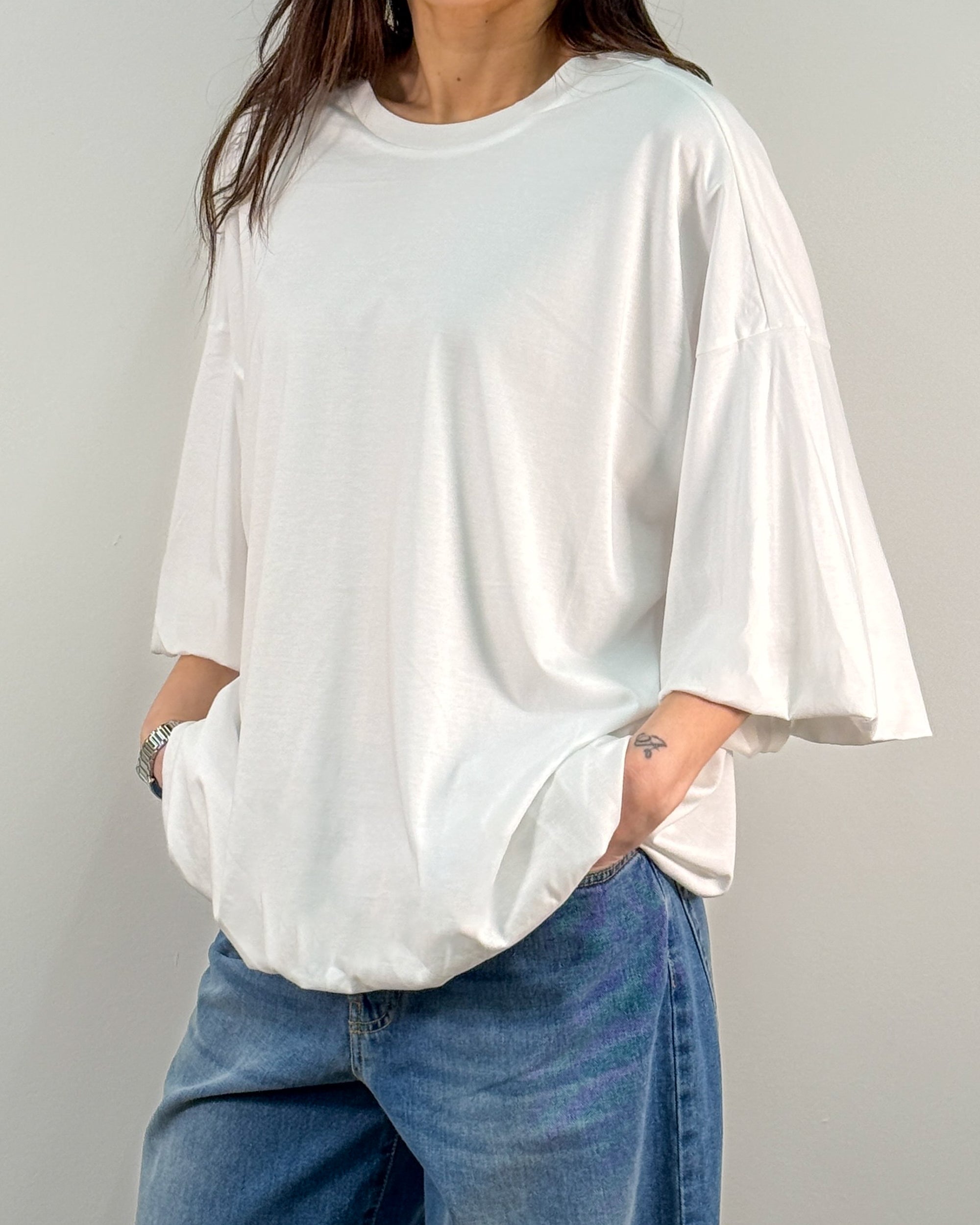 T-Shirt Oversize con fondo e maniche a Palloncino in Misto Tencel - Bianco
