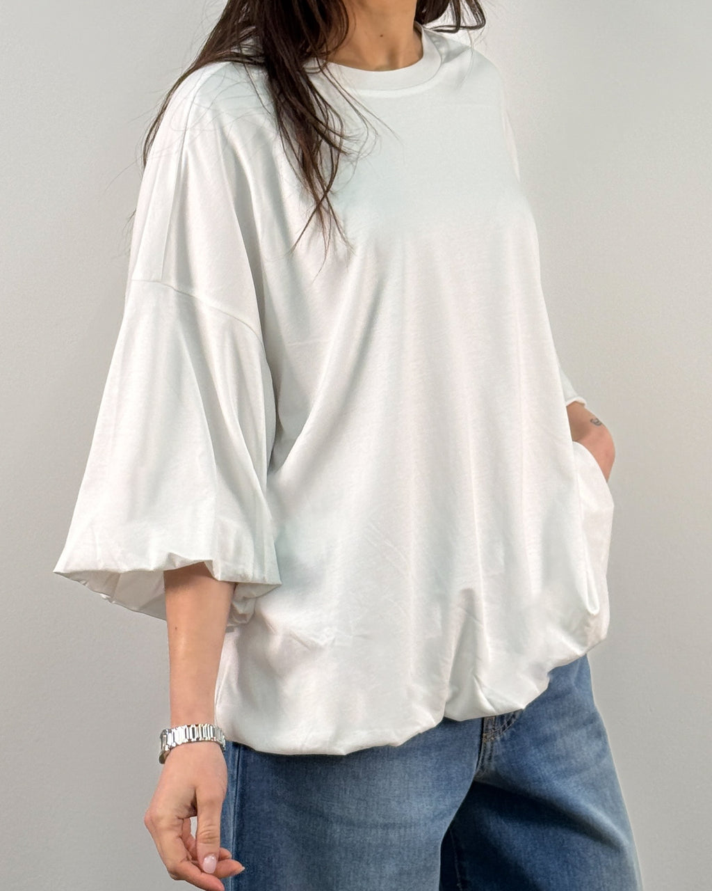 T-Shirt Oversize con fondo e maniche a Palloncino in Misto Tencel - Bianco