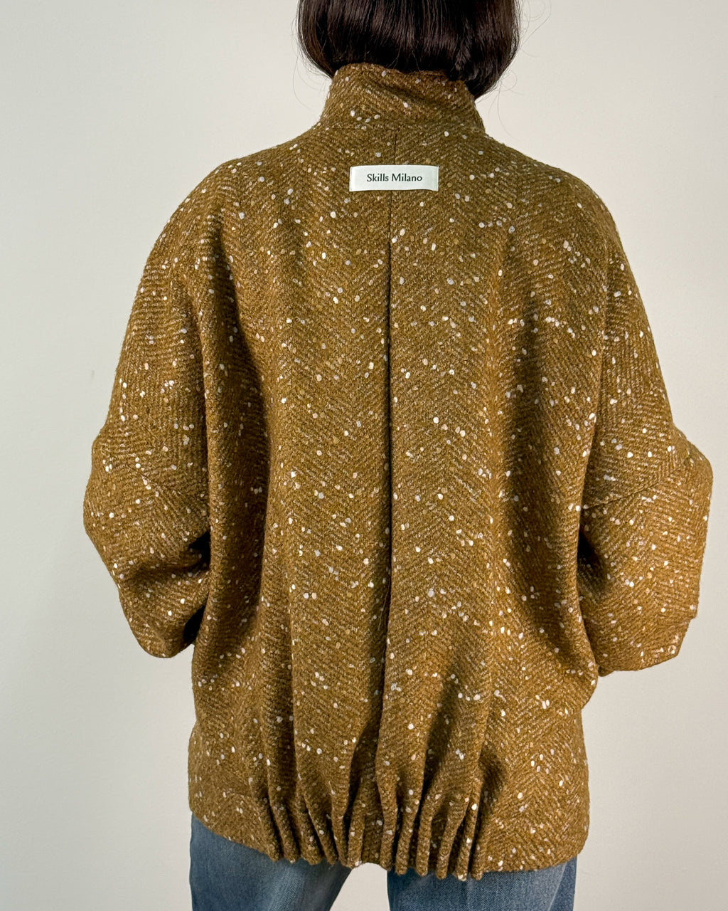 Giacca Bomber in Tweed Spigato con Collo alla Coreana - Senape