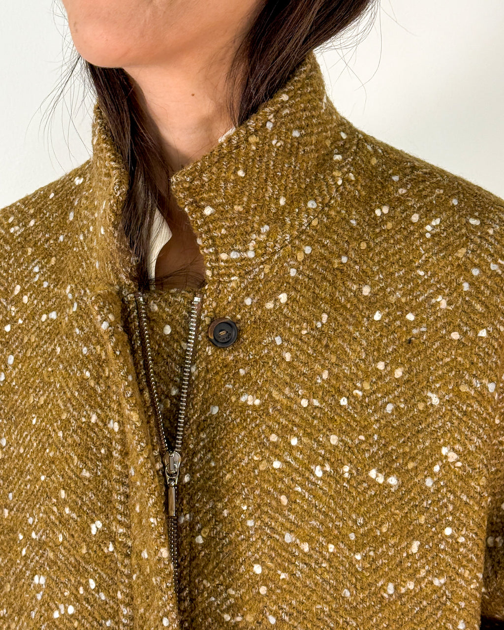 Giacca Bomber in Tweed Spigato con Collo alla Coreana - Senape