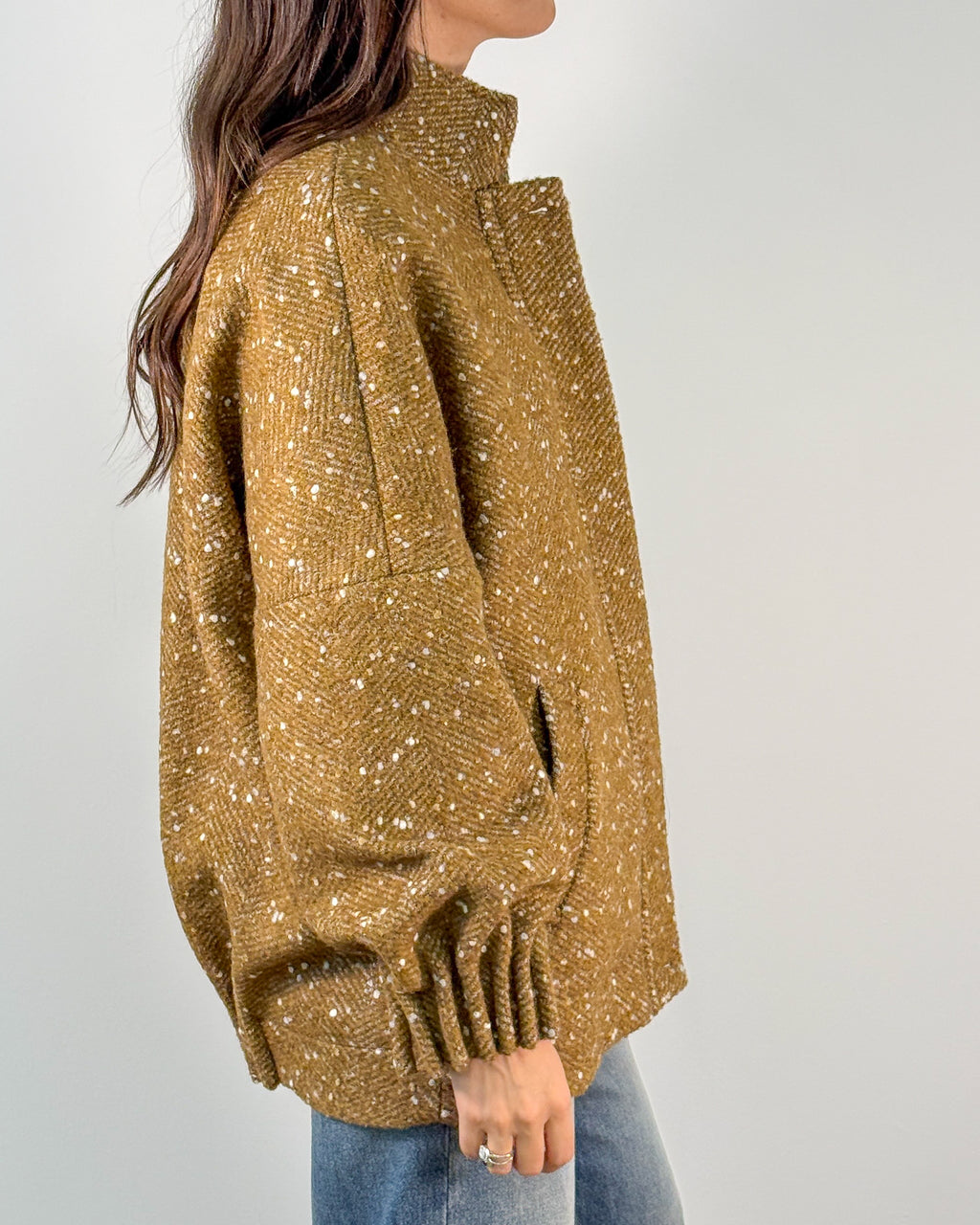 Giacca Bomber in Tweed Spigato con Collo alla Coreana - Senape