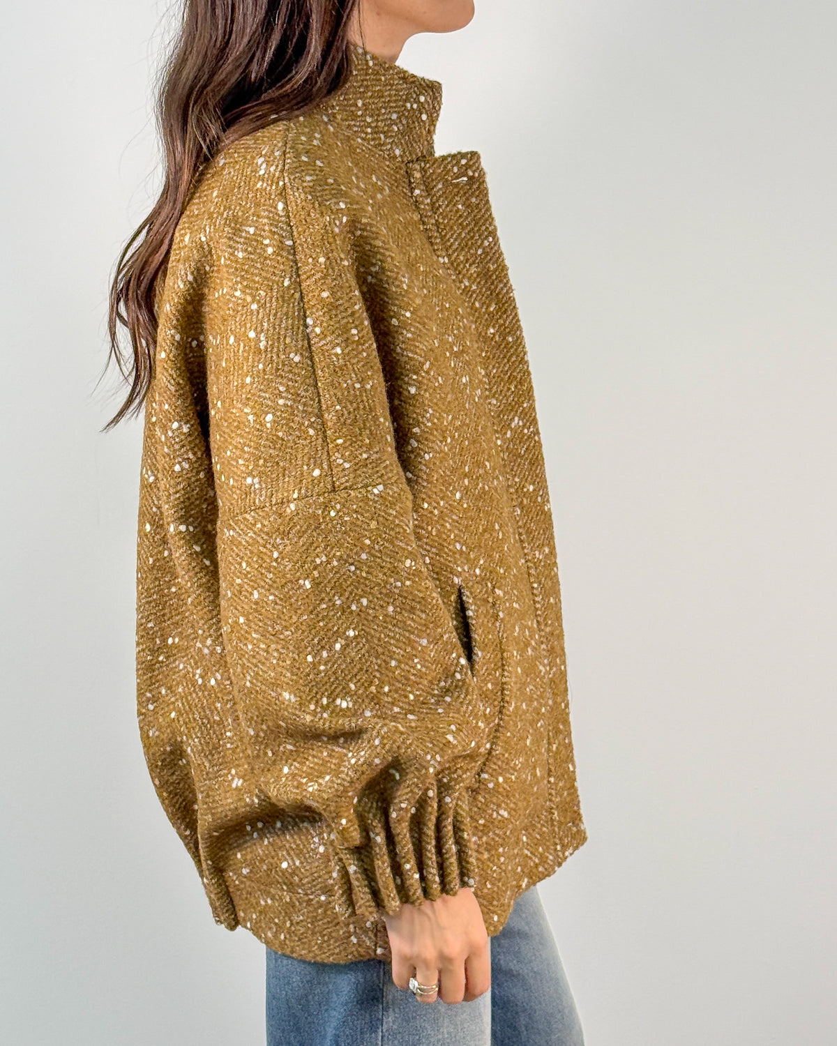 Giacca Bomber in Tweed Spigato con Collo alla Coreana - Senape