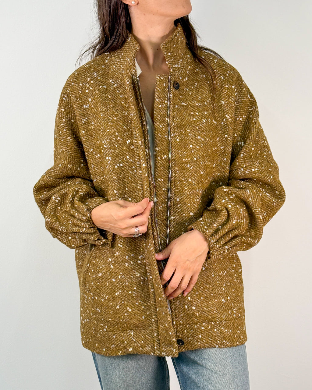 Giacca Bomber in Tweed Spigato con Collo alla Coreana - Senape