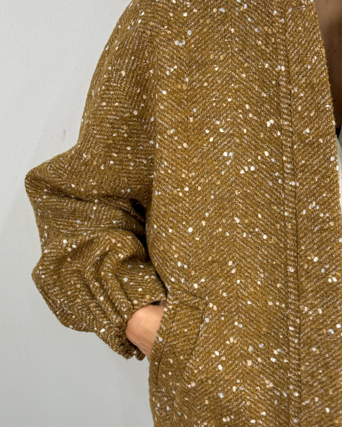 Giacca Bomber in Tweed Spigato con Collo alla Coreana - Senape