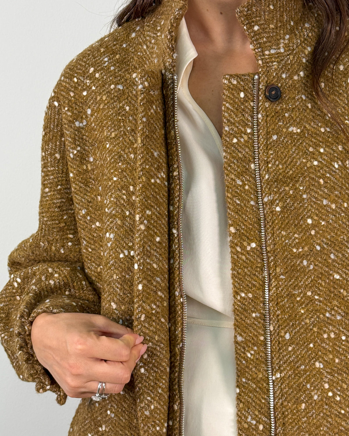Giacca Bomber in Tweed Spigato con Collo alla Coreana - Senape