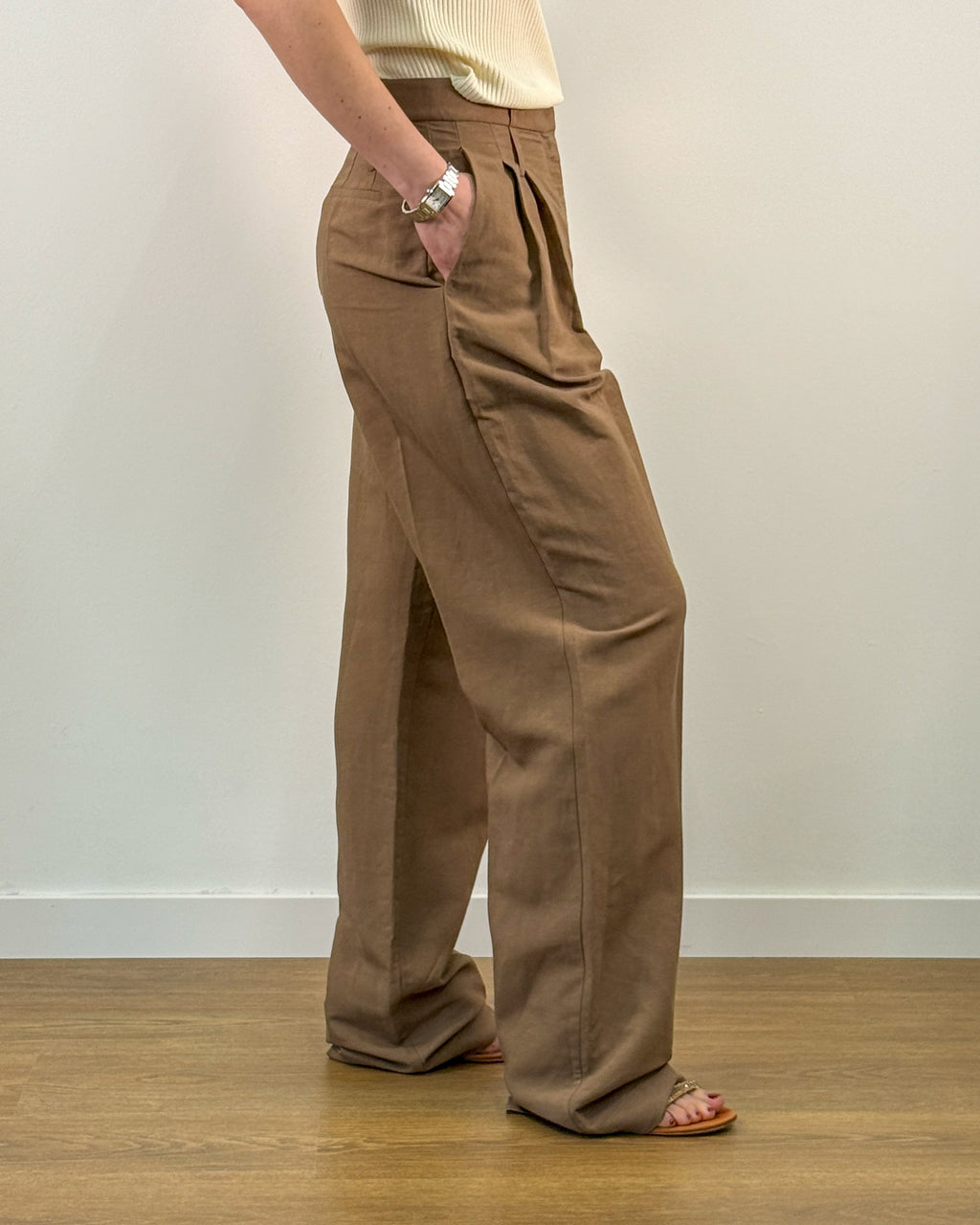 Pantalone Palazzo in Misto Lino e Viscosa - Marrone
