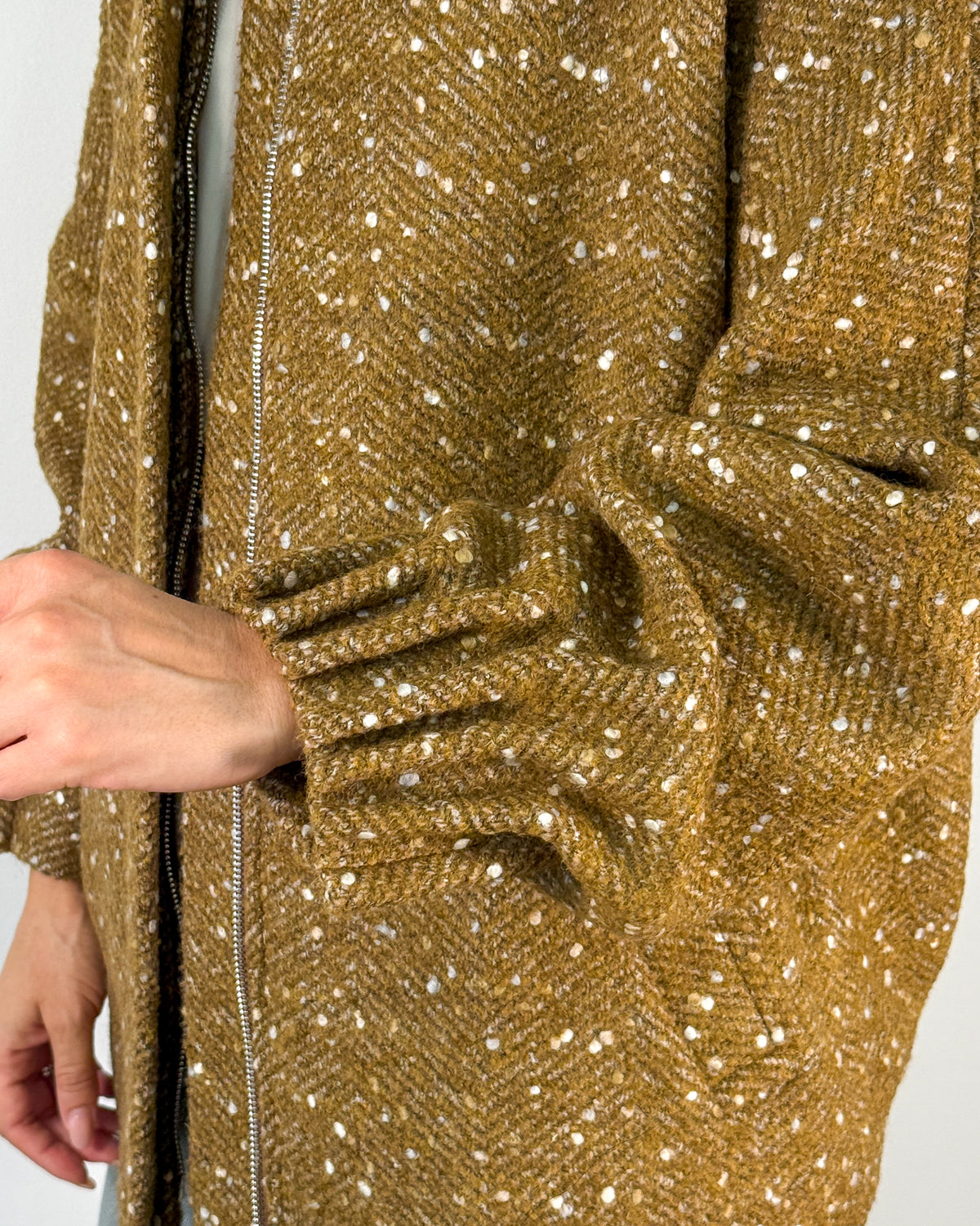 Giacca Bomber in Tweed Spigato con Collo alla Coreana - Senape