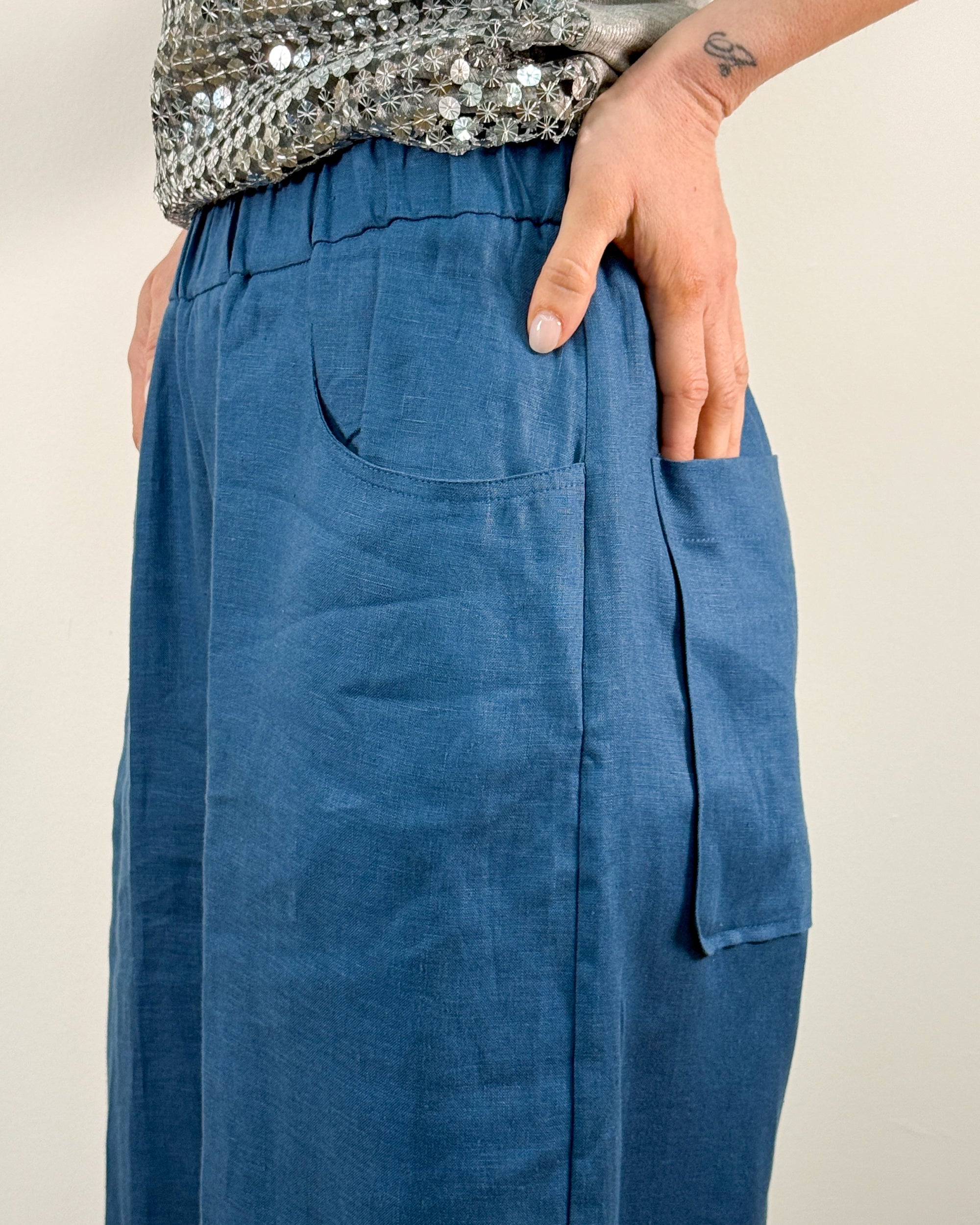 Pantalone in Puro Lino con Elastico - Blu