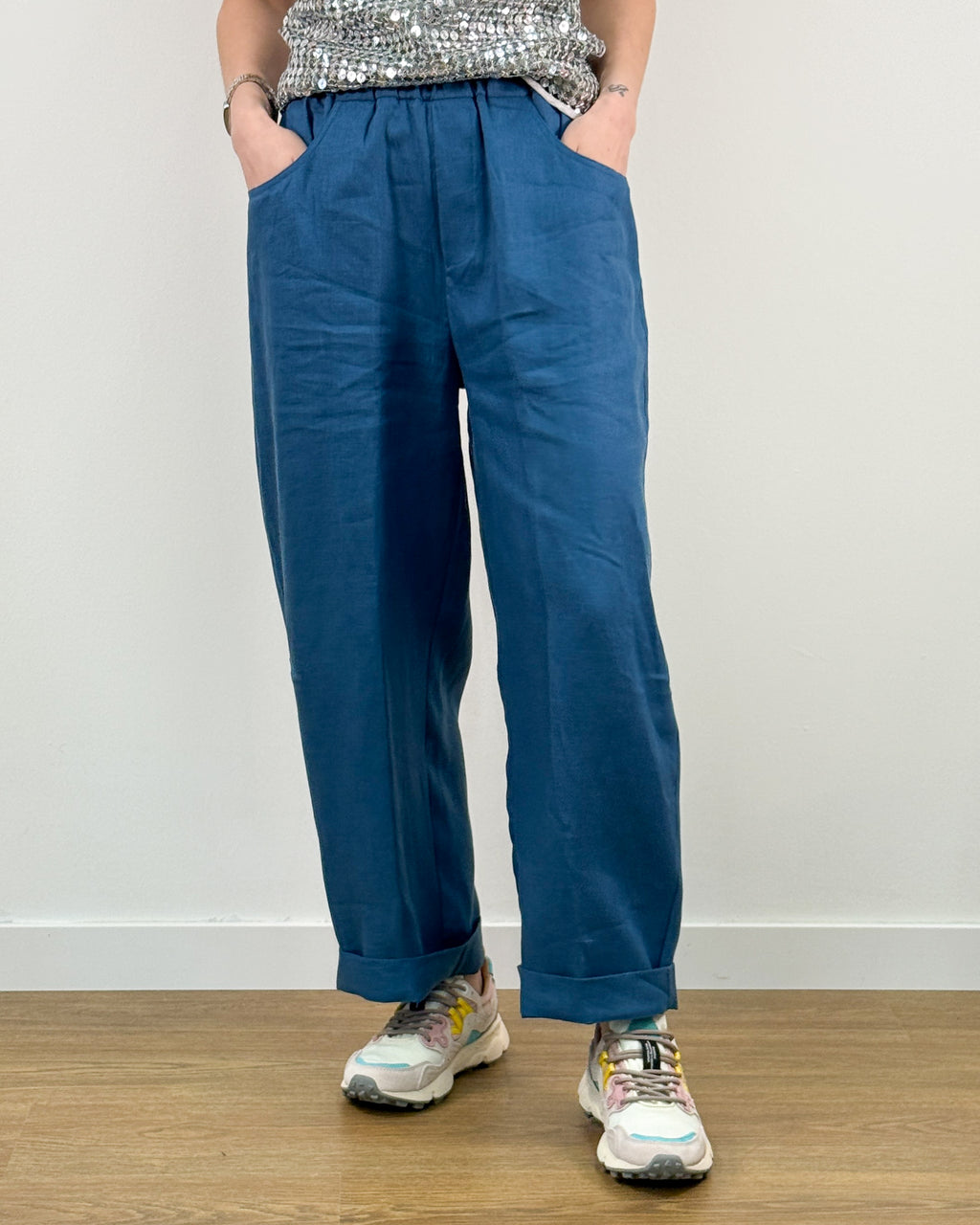 Pantalone in Puro Lino con Elastico - Blu