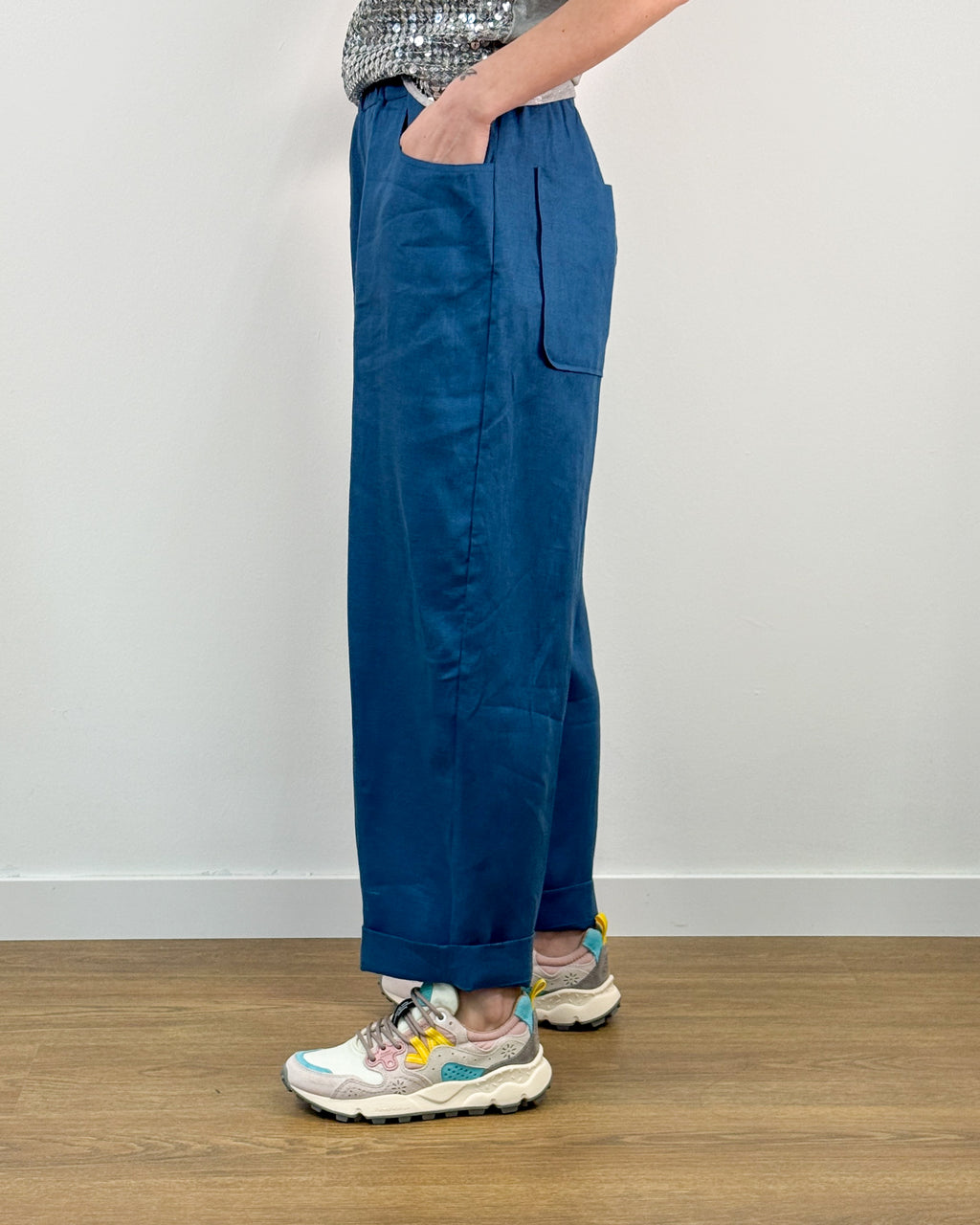 Pantalone in Puro Lino con Elastico - Blu
