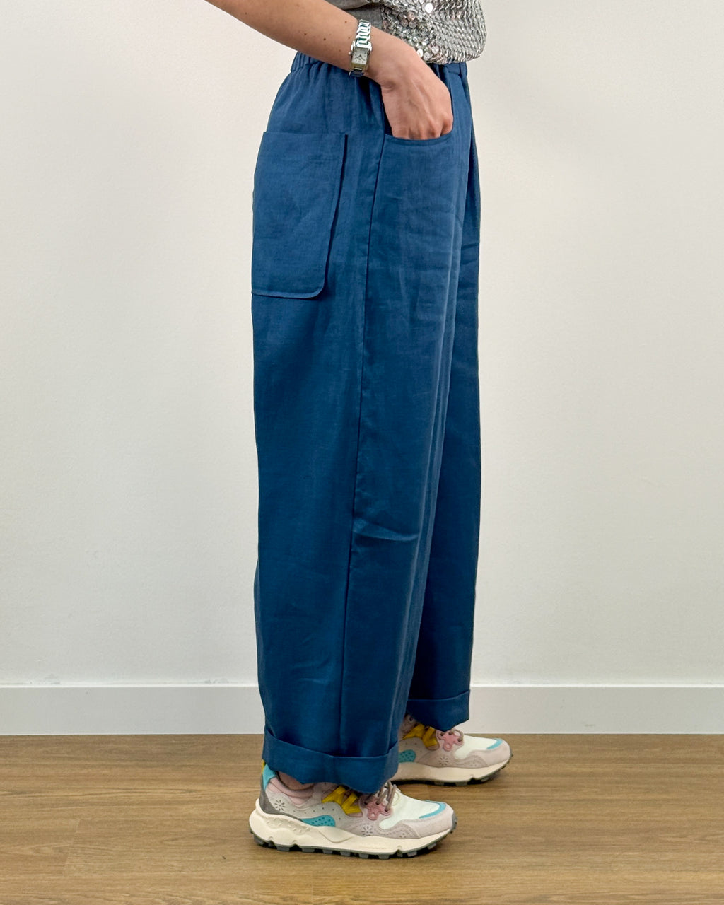 Pantalone in Puro Lino con Elastico - Blu
