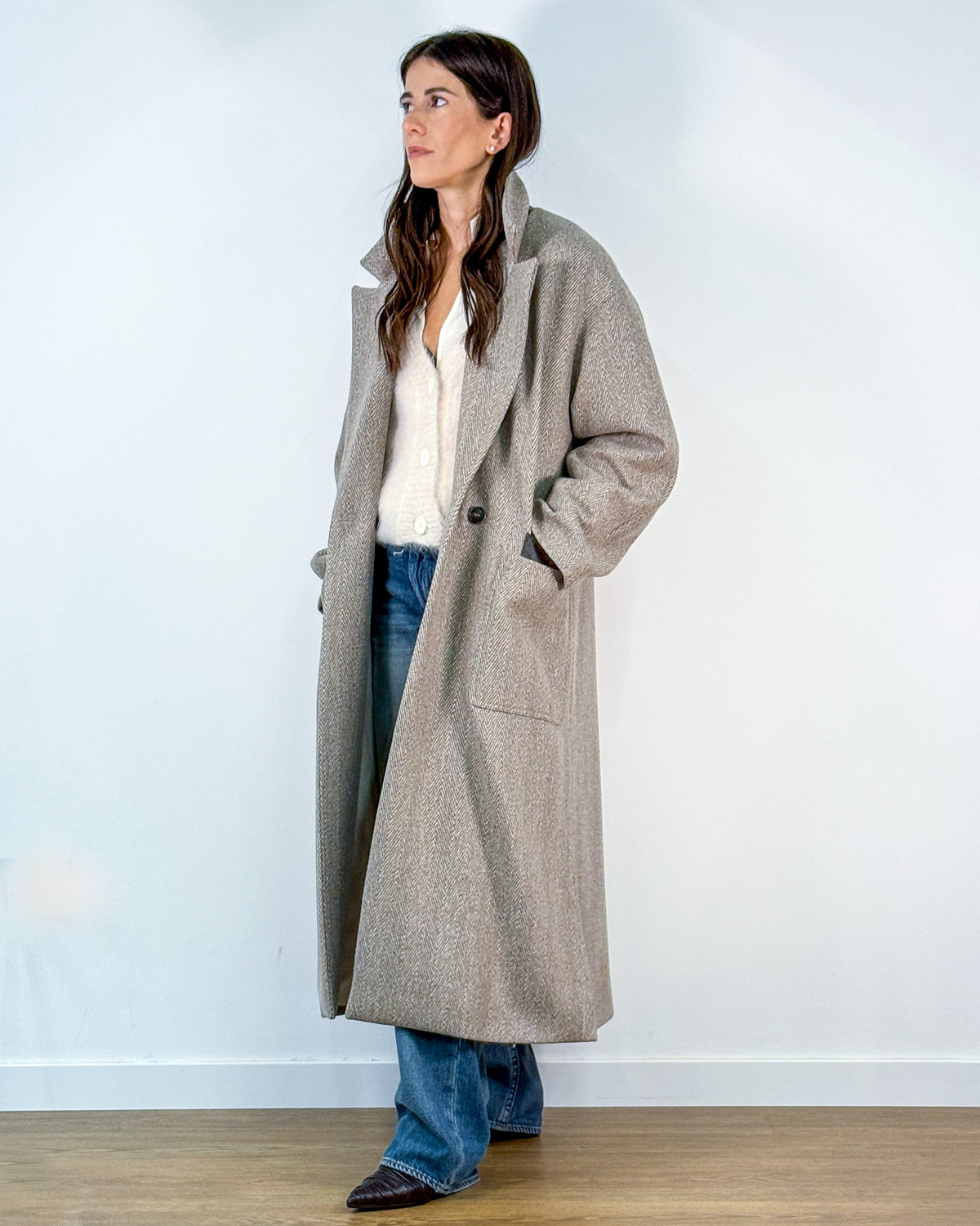 Spolvero Lungo in Lana Vergine Spigata con Cintura in Pelle - Beige Nomad