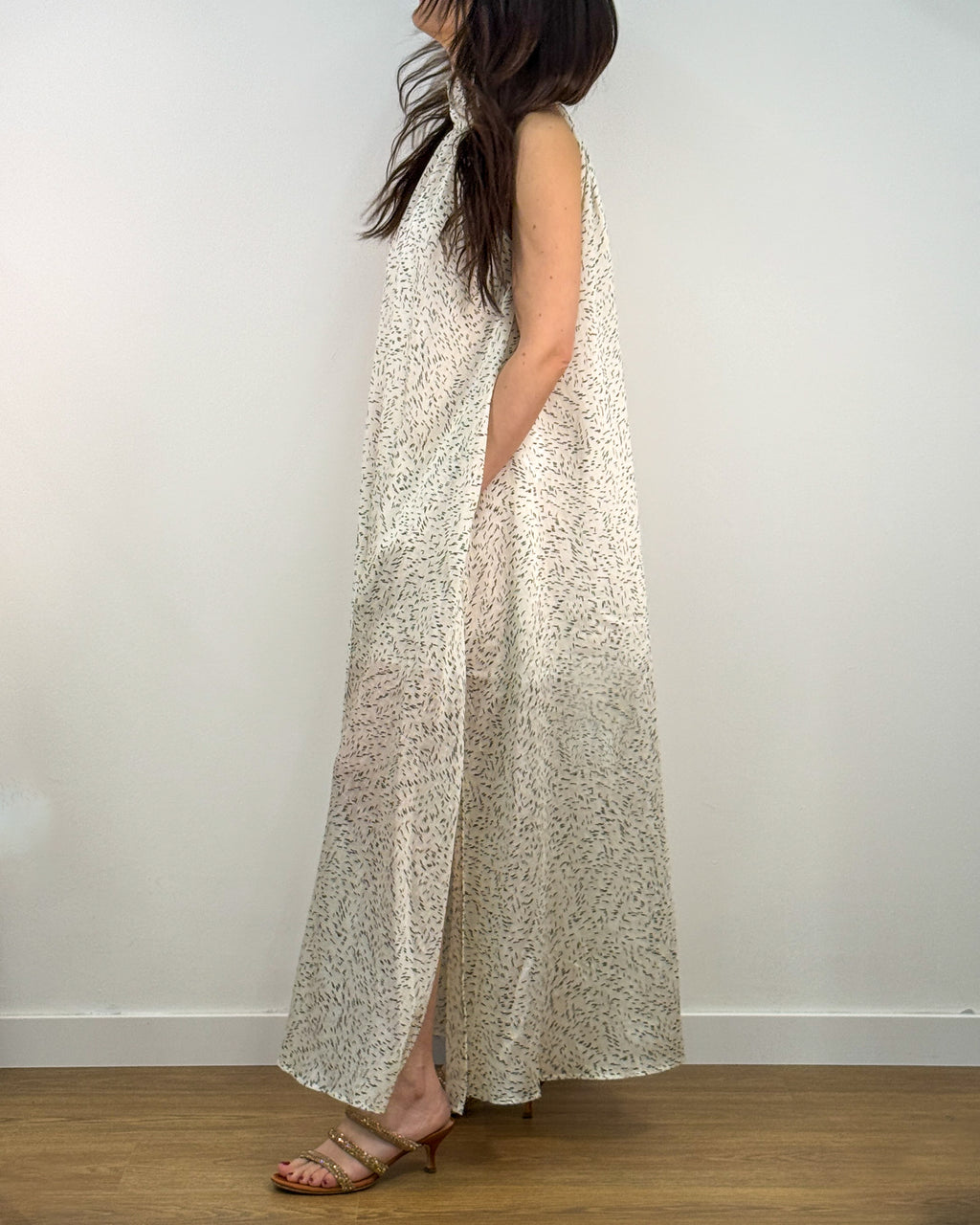 Abito Lungo Svasato con Scollo all'Americana in Misto Lyocell e Lino - Fantasia